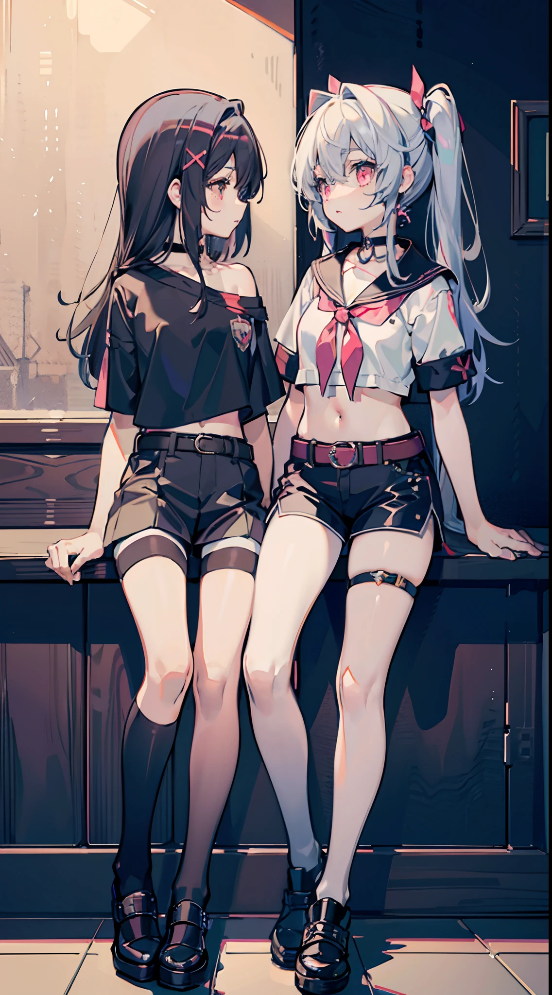 ,twins, Masterpiece,Best quality,offcial art,Extremely detailed Cg Unity 8K wallpaper, 2girls, cute female child, Yuri, hair adornments, Short shorts, Crop top, Pantyhose, ribbon_choker necklace, leg belt,