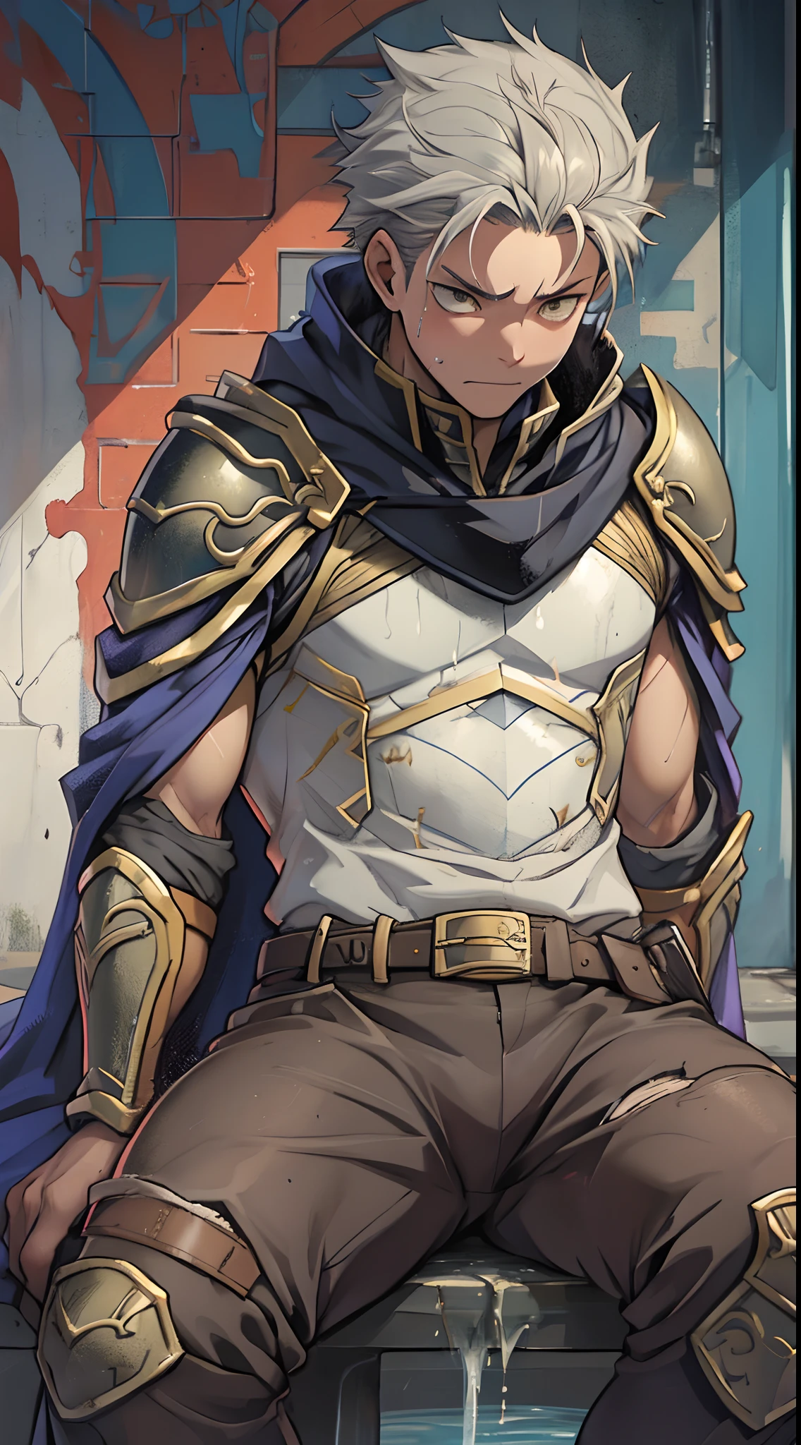 (1 Adult male),A high resolution, Sharp focus, Pixiv masterpiece, ((Complicated details)), highly detailed, natsuki_subaru, 1 man,Wear combat uniforms,perfect male figure,Urine on the trouser leg, Nervously bow your head,is shy,embarressed,exhilarated,is shocked,panicking,worry,A pool of urine formed around him,Very eager to pee,Unbearable,Wet yourself,Urine discharge,full bodyesbian,sit astride,Tired,decadent, Yellow eyes(eyes glowing), Short gray hair,White armor,Tie a belt,Cloaked,Cloak,Shoulder armor,perspire,Drenched,Get wet,pissing,urine flows down the pants,look from down