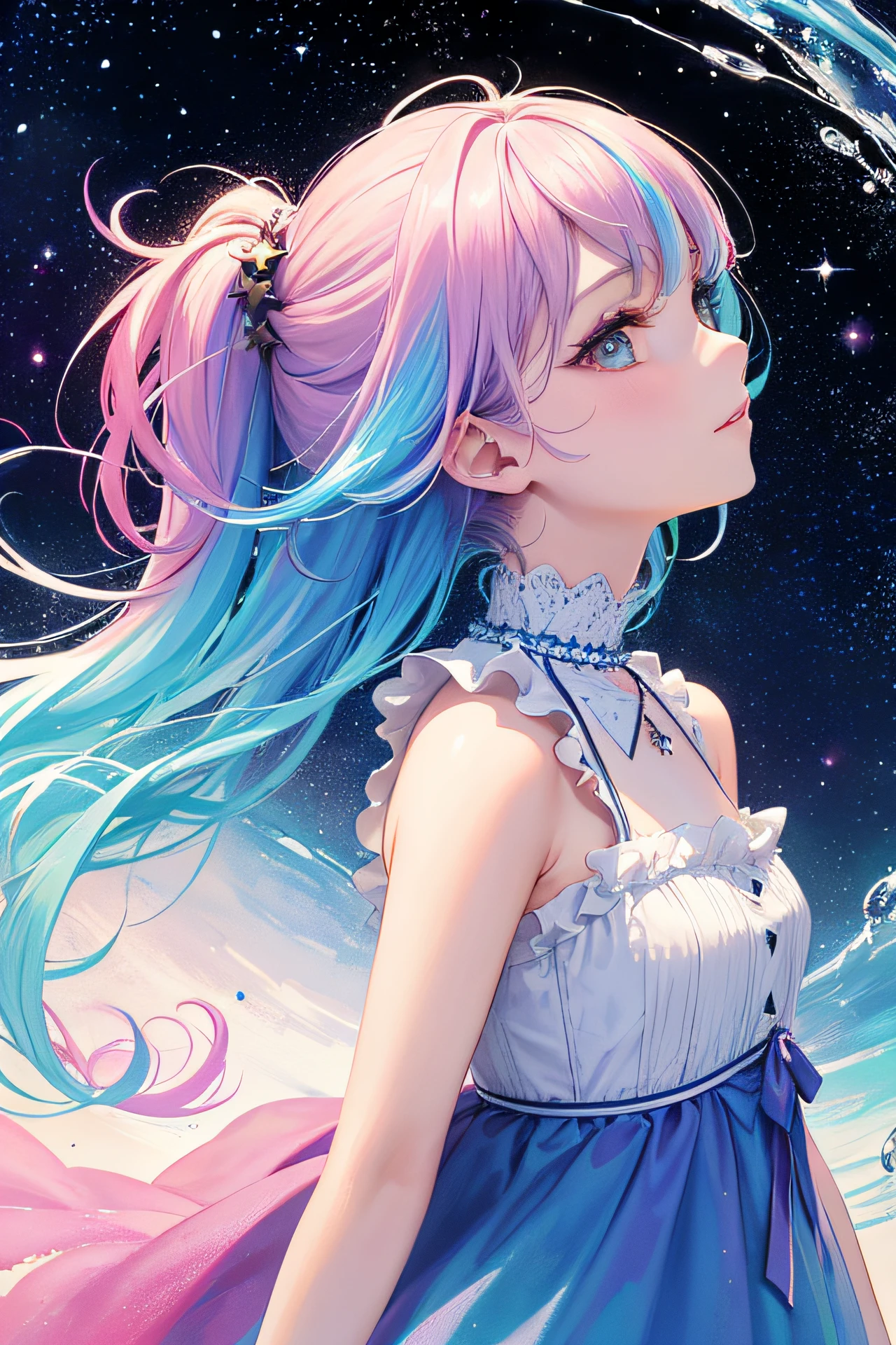 (masterpiece, top quality, best quality,watercolor (medium),official art, beautiful and aesthetic:1.2),(1girl:1.3), (fractal art:1.3),upper body, from side, looking at viewer,patterns,(rainbow color Hair,colorful hair,half blue and half pink hair:1.2),water,liquid, cloud,colorful, starry,stars,