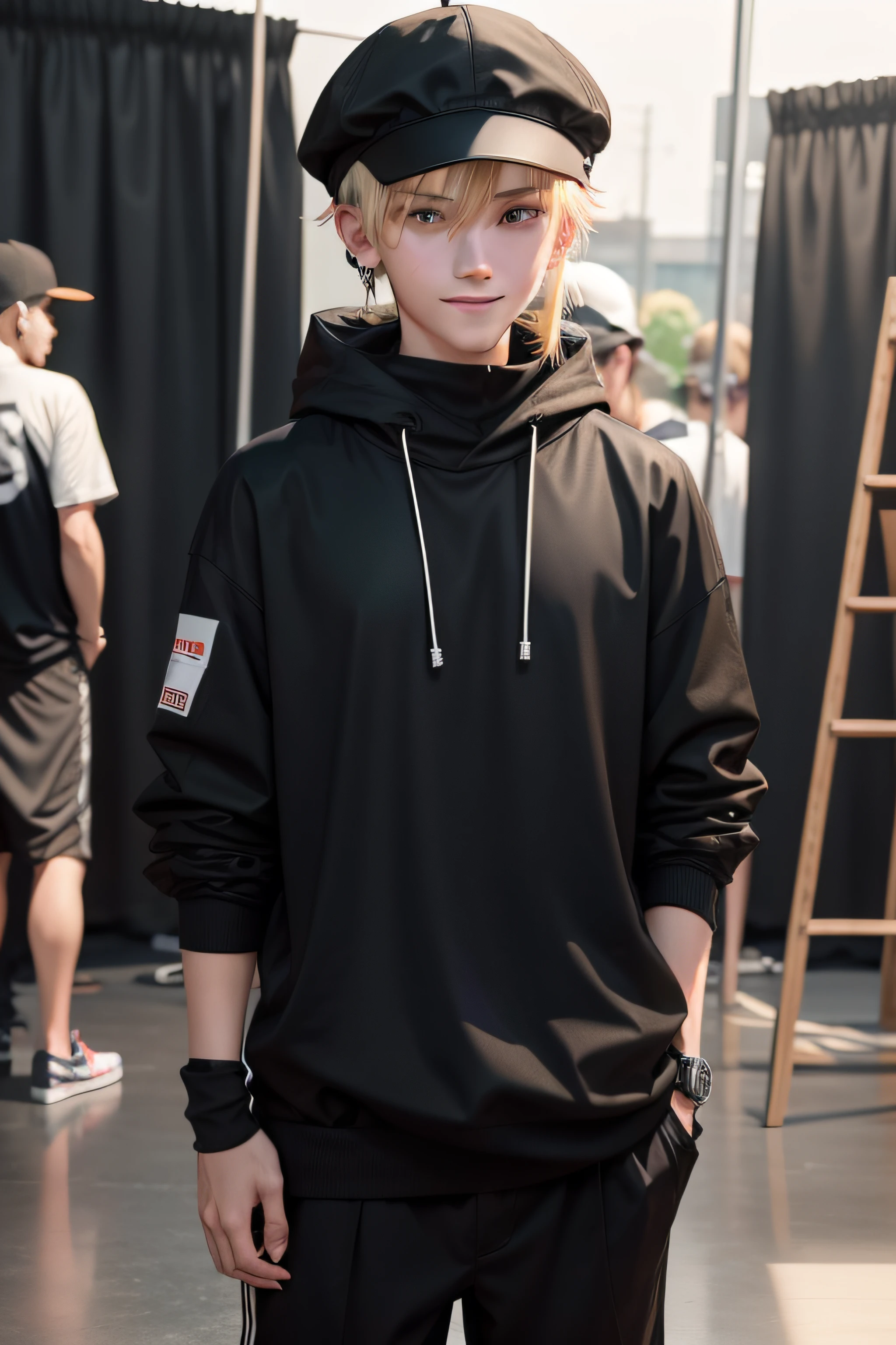 18 yo boy. Pure black clothes. Black cap. I'm wearing a headset. a blond. Smile. Beautiful shape.  Whole body. Looking at the camera. Background through。refreshing。Behind-the-scenes staff。illustratio