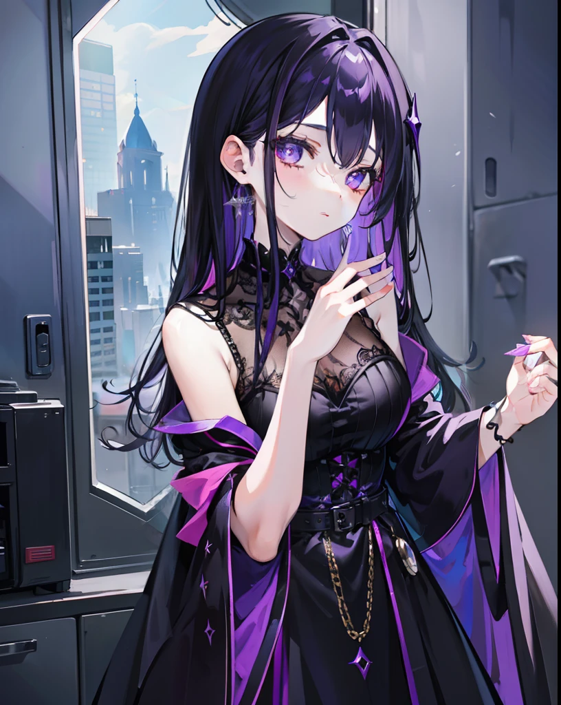 Black Purple Hair,Dark blue pupils,Witch dress with purple and black,It's a cute little witch