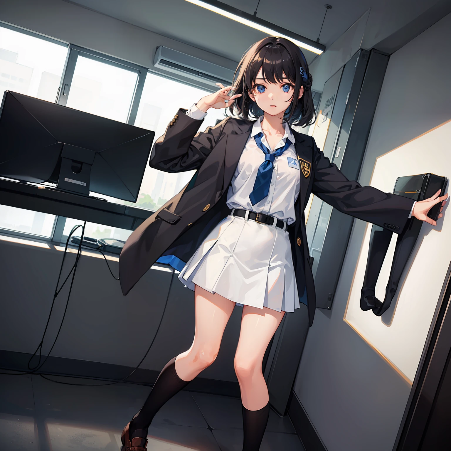 Product quality, ((1girl in)), Full body shot, ((low angles:1.2)), a Japanese young pretty woman, hyper pretty face, (Black hair ponytail), Blushing cheeks, Glossy lips, Glamorous figure, ((Blue checked pleated skirt, neck tie)), (private school uniform), ((Black stockings)), Seductive Posing, Double eyelids in both eyes, Natural makeup, long eyelashes, shiny smooth light brown hair, asymmetrical bangs, Tanned skin, Beautiful hair, Beautiful collarbone, Beautiful body, Beautiful chest, beautiful thigh, Beautiful legs, Beautiful fingers, central image, High resolution, high detailing, detailed hairstyle, Detailed face, spectacular movie lighting, Bokeh background, animesque, Perfect limbs, Perfect Anatomy, tre anatomically correct,