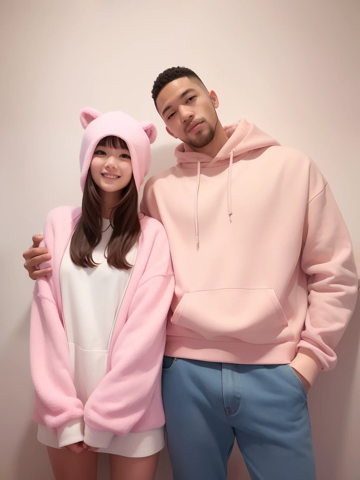 a man and a woman hugging each other, secret romance, couple pose, wearing a pastel pink hoodie, wlop and sakimichan, cute korean actress, ( colorful ), hug, arm around her neck, cute:2, cute scene, couple, lovely couple, wearing a pink hoodie, cutest, cute!!!, cute photo, behind the scenes photo,hyper realistic,ultra detail