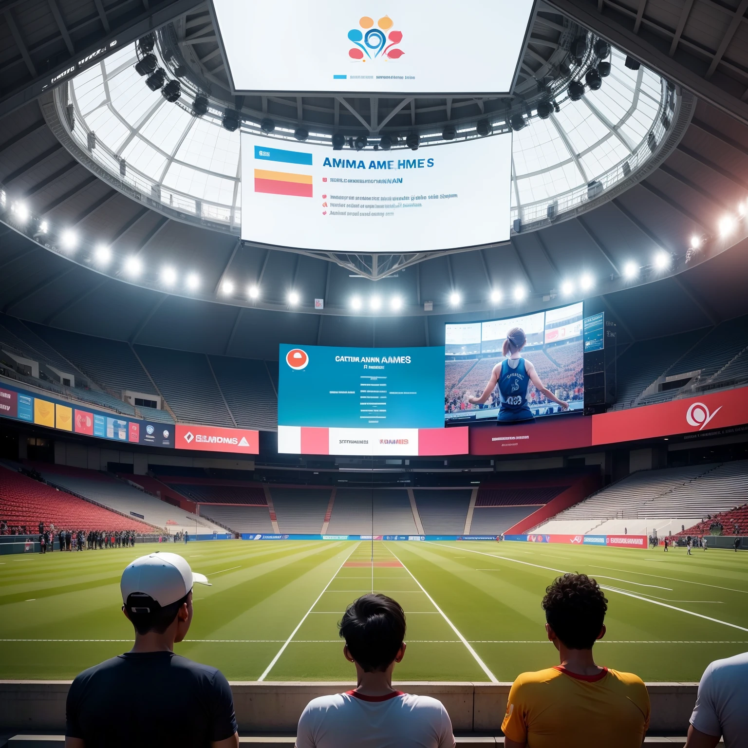 A group of people doing a variety of different sports in a large stadium，There is a large screen above the gymnasium，On the screen, It says Welcome to the 19th Asian Games