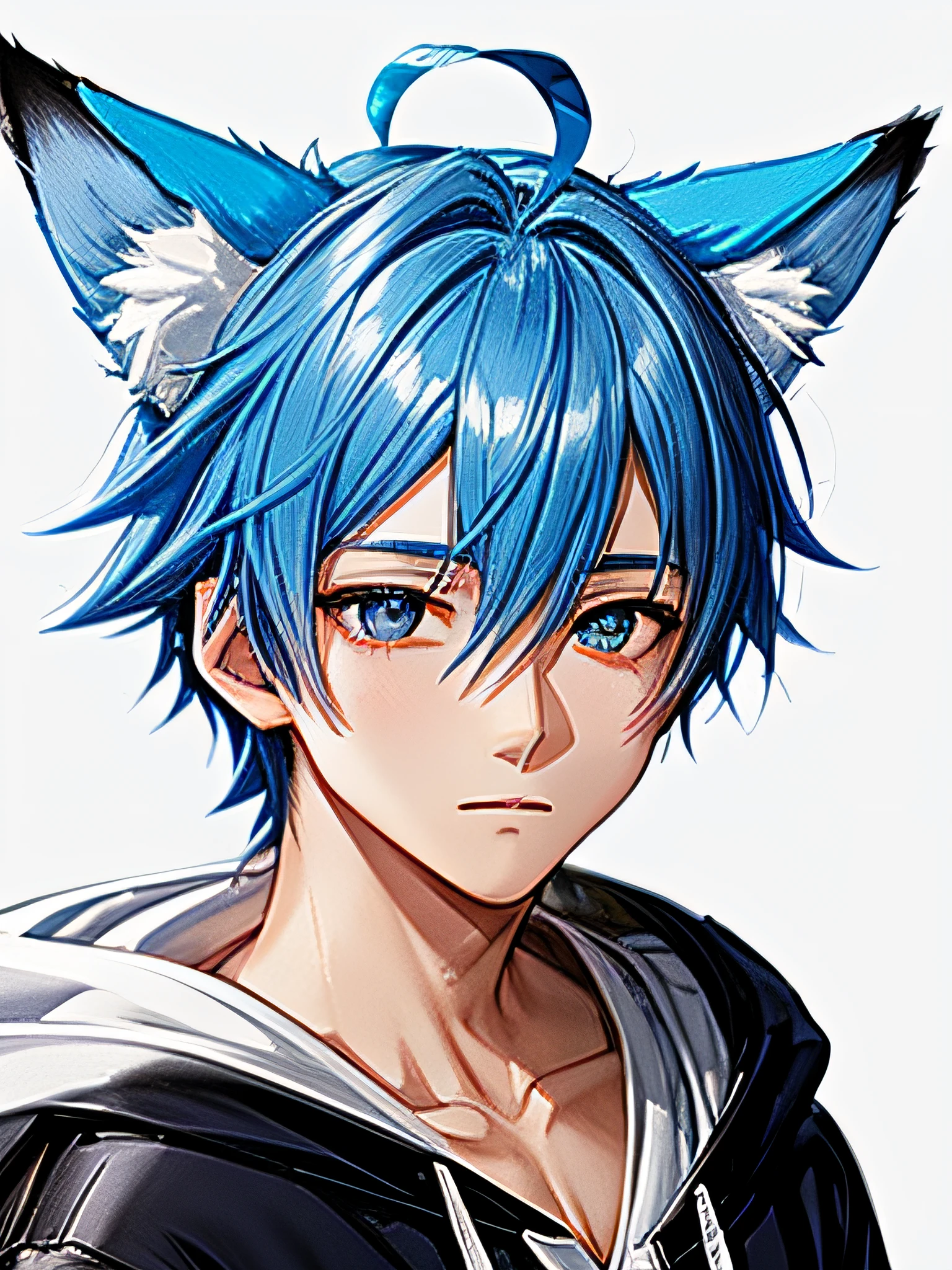 a close up of a boy with a blue hair and blue drooping fox ears wearing a white hoodie, anime style, closeup picture, sprite 2 d, anime vtuber closeup model, full head, upper half body