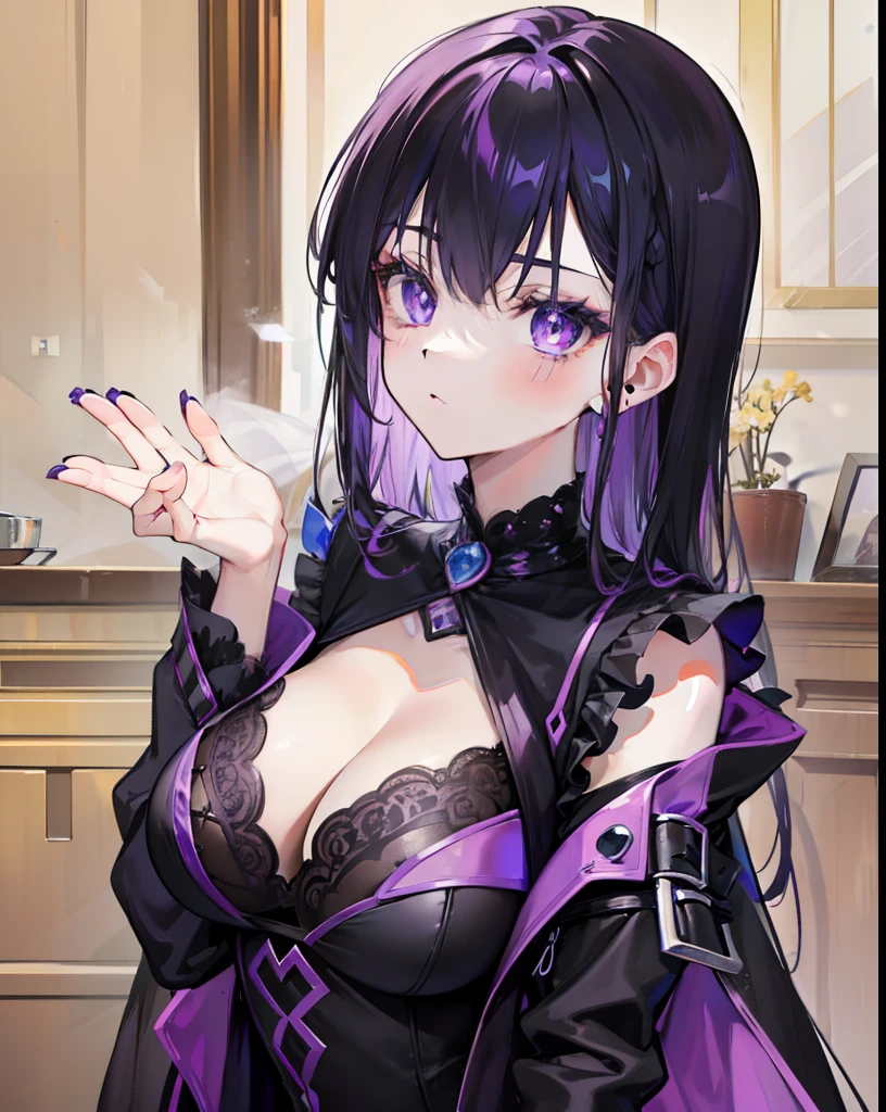 Black Purple Hair,Dark blue pupils,Purple and black witch dress,This is a cute little witch