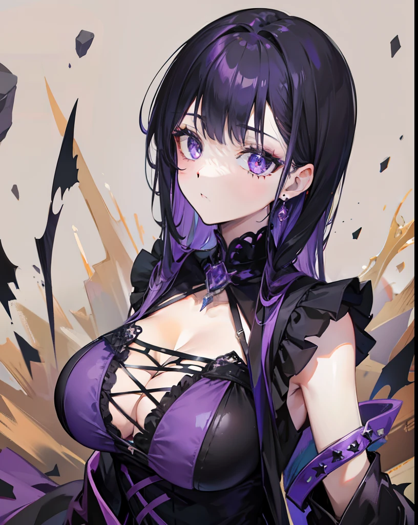 Black Purple Hair，Dark blue pupils，Purple and black witch dress，This is a cute little witch