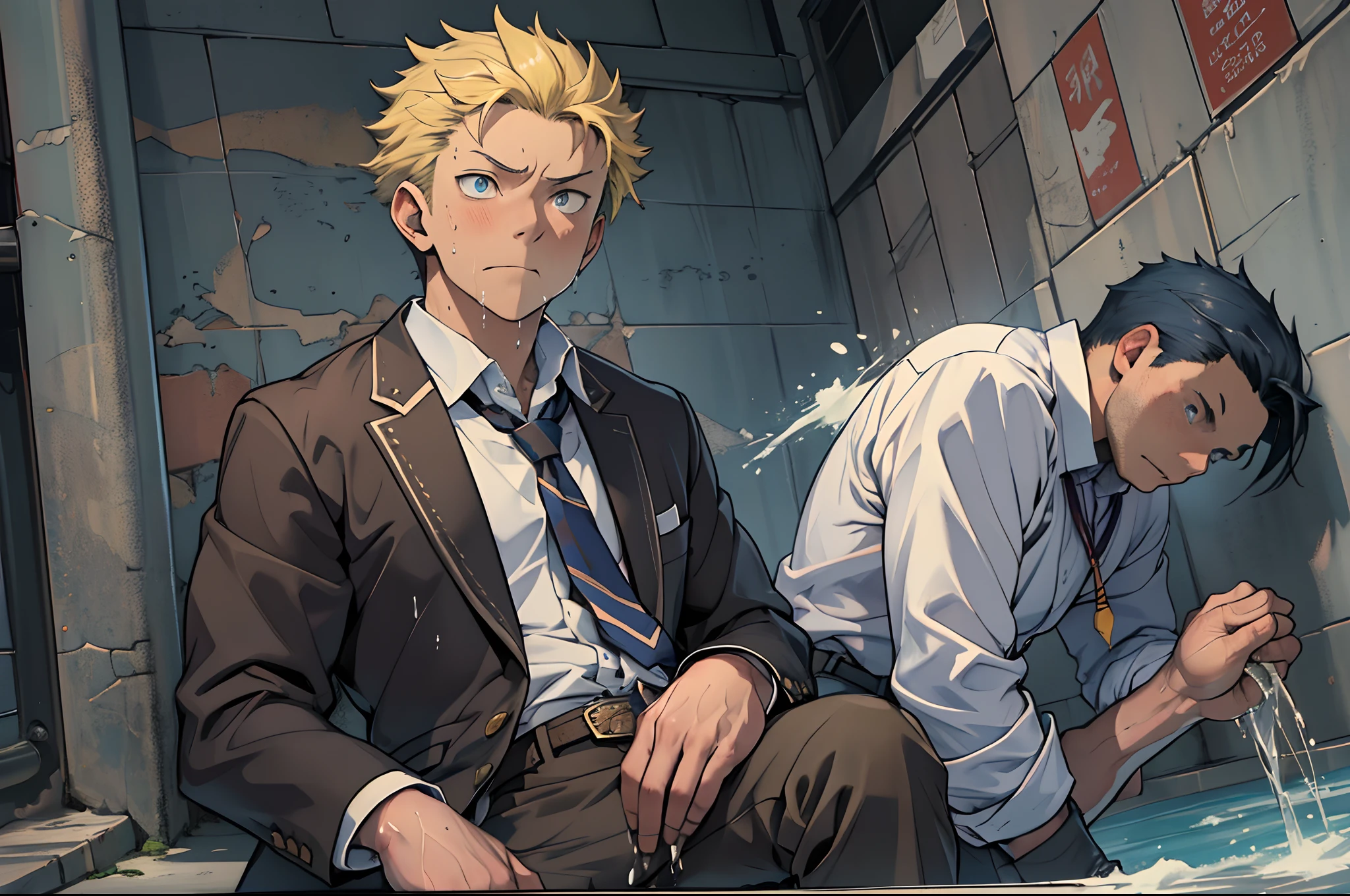 (1 Adult male),A high resolution, Sharp focus, Pixiv masterpiece, ((Complicated details)), highly detailed, natsuki_subaru, 1 man,black-skinned,Defeat, crestfallen,full bodyesbian,kneels on the ground, (A gesture of pleading),Golden eyes(eyes glowing), Short yellow hair,white shirt,Wear a tie,Wear a belt,perspire,look from down
