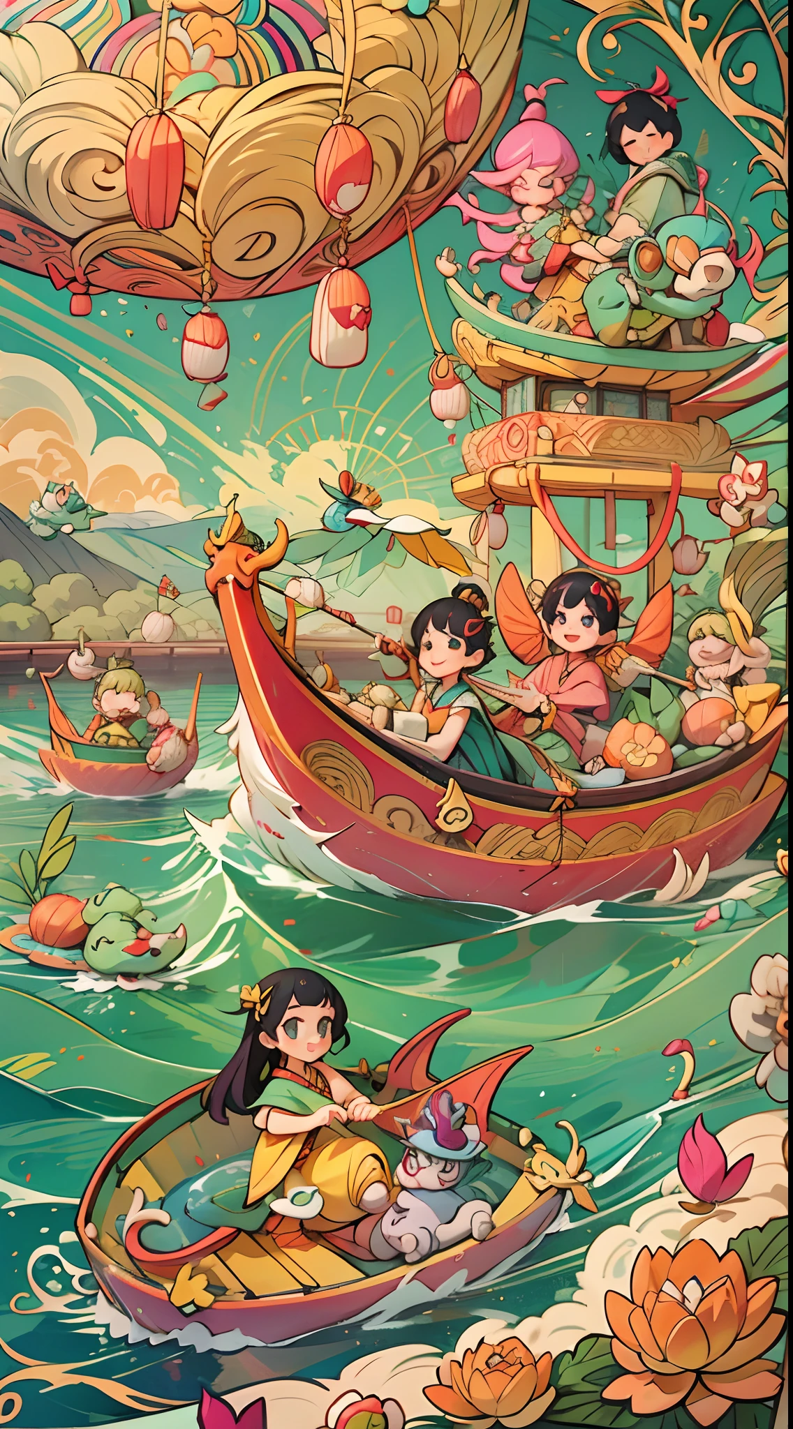 The scene of the Chinese Dragon Boat Festival,Several cute little girls from England racing dragon boats,He was happy and smiling,rice dumpling,Lotus lanterns float in the river,Bright background,cinema shot,in an art nouveau style,Organic and smooth lines,Futuristic colorful pie waves,Intricate and bizarre illustrations,swirles,colorful turbulence,High resolution ultra-detailed --s 400