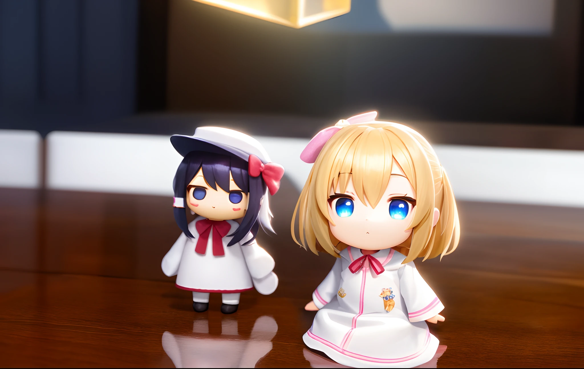 PopMart Blind Box IP, a close-up of a cute, white robe doll, young wanangel style, wearing long and fluent clothes, wlop style, pocelain doll, little people; Unreal Engine 5, Lite 3D/C4D production: 8K HD quality/lighting/ultra-detailed lens depiction 1.5, flawless, chibi background/cinematic.