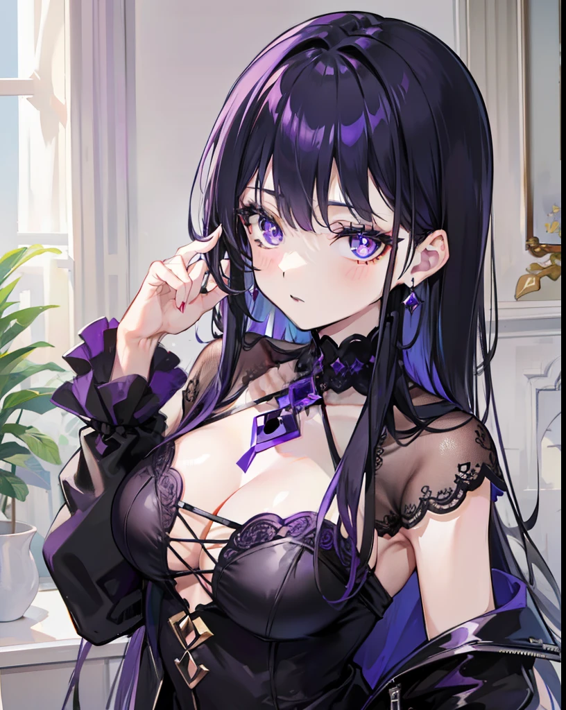 Black Purple Hair,Dark blue pupils,Purple and black witch dress,This is a cute little witch