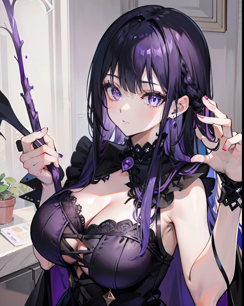 Black Purple Hair,Dark blue pupils,Purple and black witch dress,This is a cute little witch
