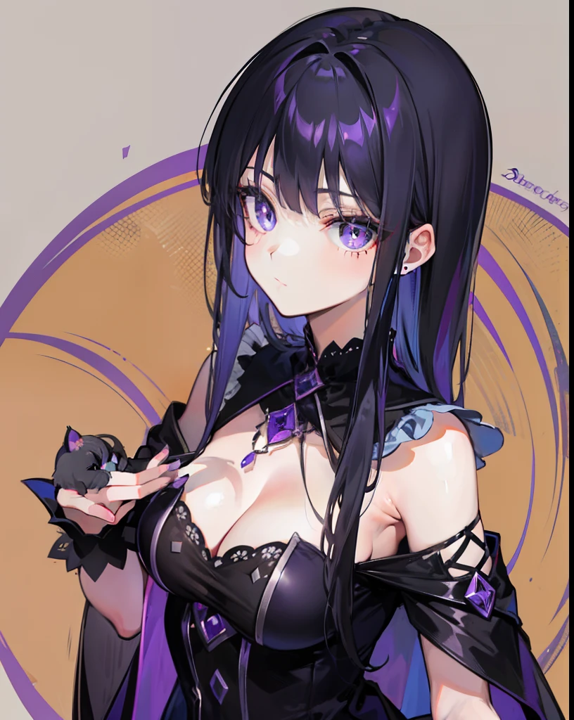 Black Purple Hair,Dark blue pupils,Purple and black witch dress,This is a cute little witch