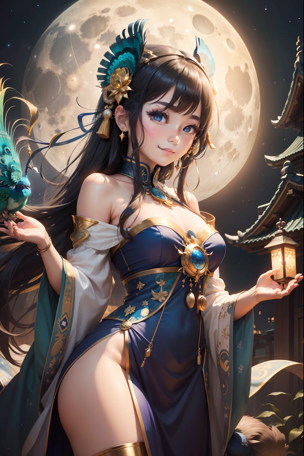 Name is Kana, Comet priestess watching over the moon and stars。Look up at the moon and pray。Blue eyes。Shoulder Costume。Cute smile。large peacock-colored lantern feathers on the back,,。