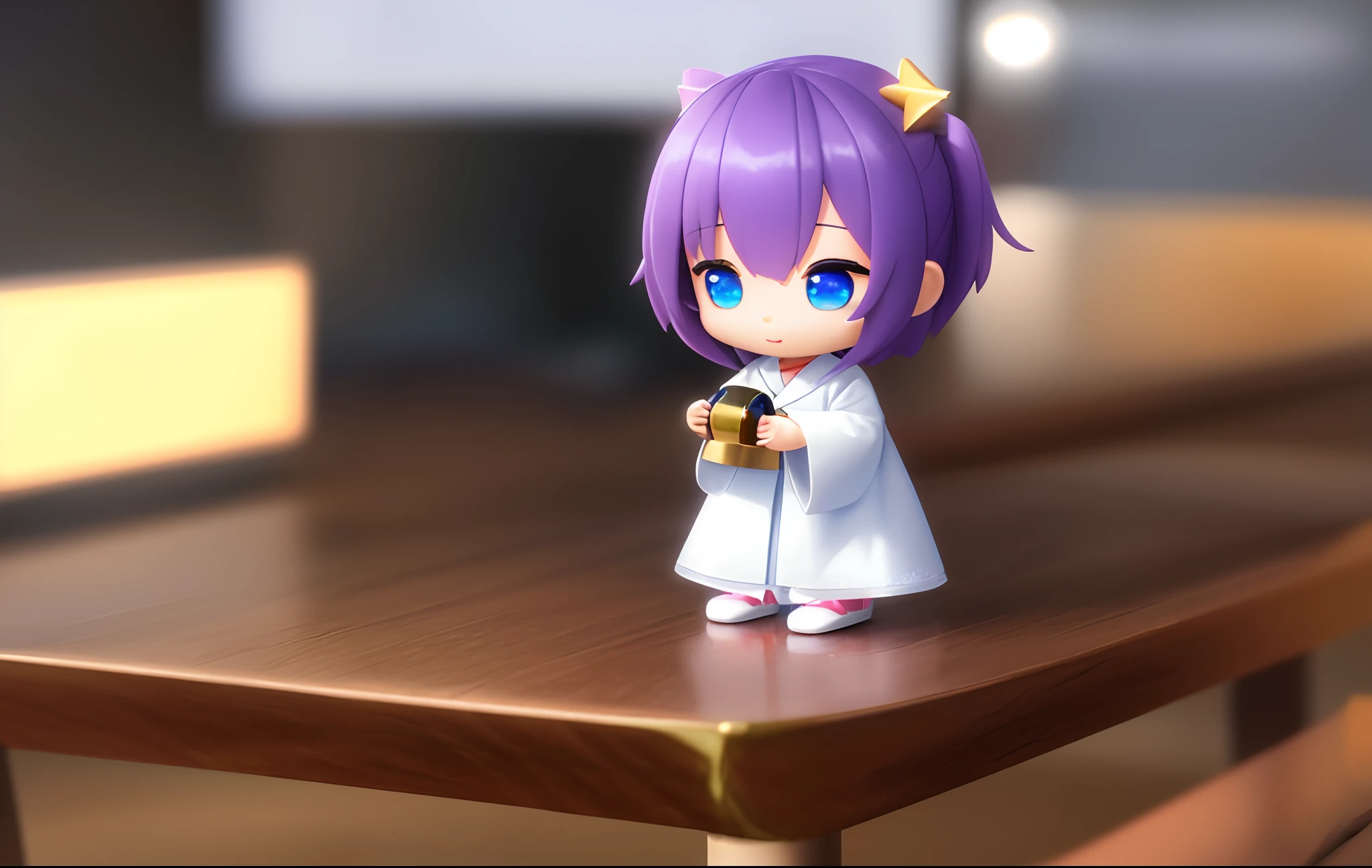 PopMart Blind Box IP, a close-up of a cute, white robe doll, young wanangel style, wearing long and fluent clothes, wlop style, pocelain doll, little people; Unreal Engine 5, Lite 3D/C4D production: 8K HD quality/lighting/ultra-detailed lens depiction 1.5, flawless, chibi background/cinematic.