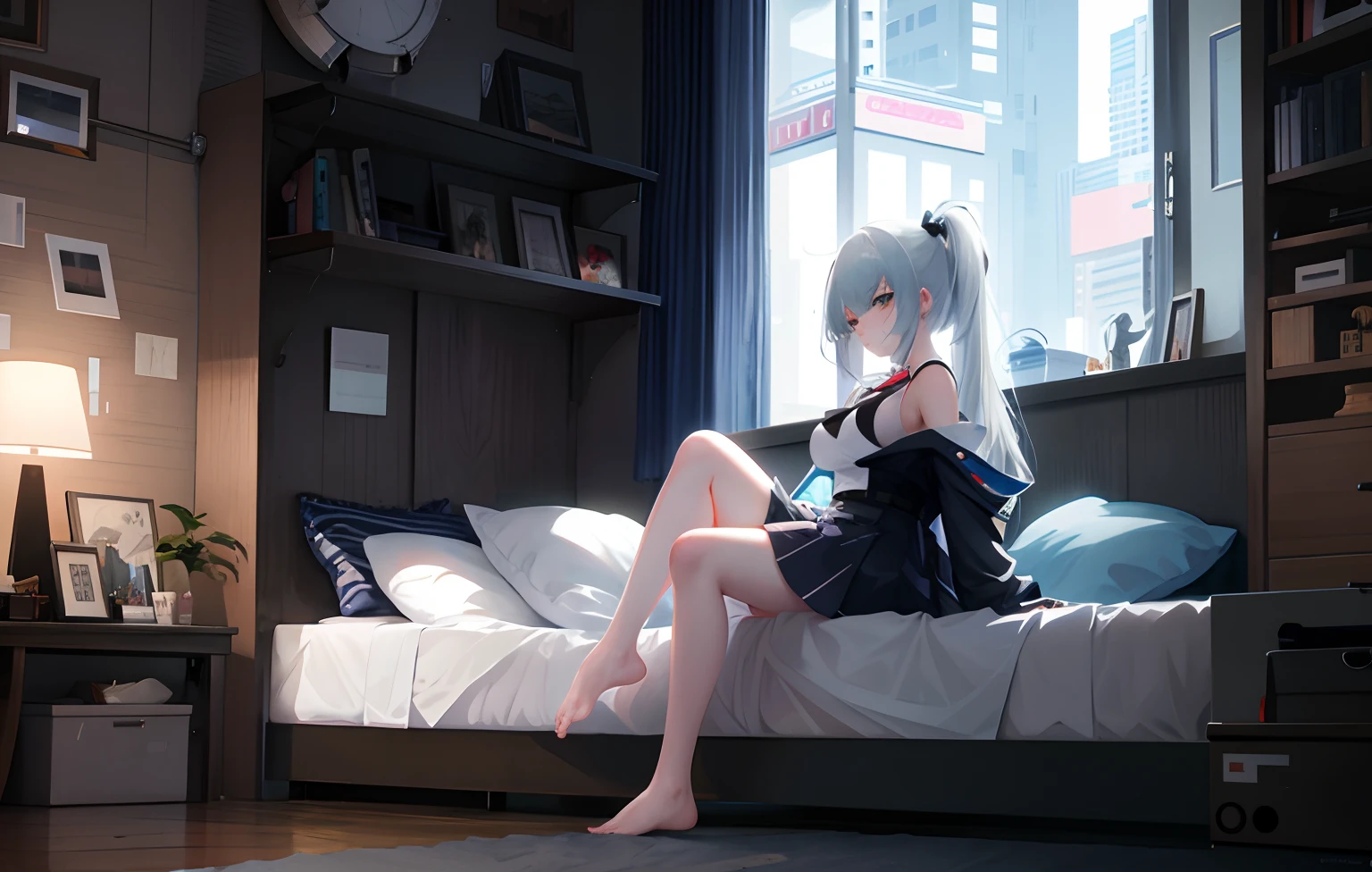 anime girl sitting on a bed in a room with a window, Guviz-style artwork, anime big breast. Soft lighting, trending on cgstation, animeaesthetic, Guviz, anime vibes, An anime girl, anime backgrounds, up of young anime girl, style of anime4 K, Anime lighting, girls frontline style, 4K anime wallpaper