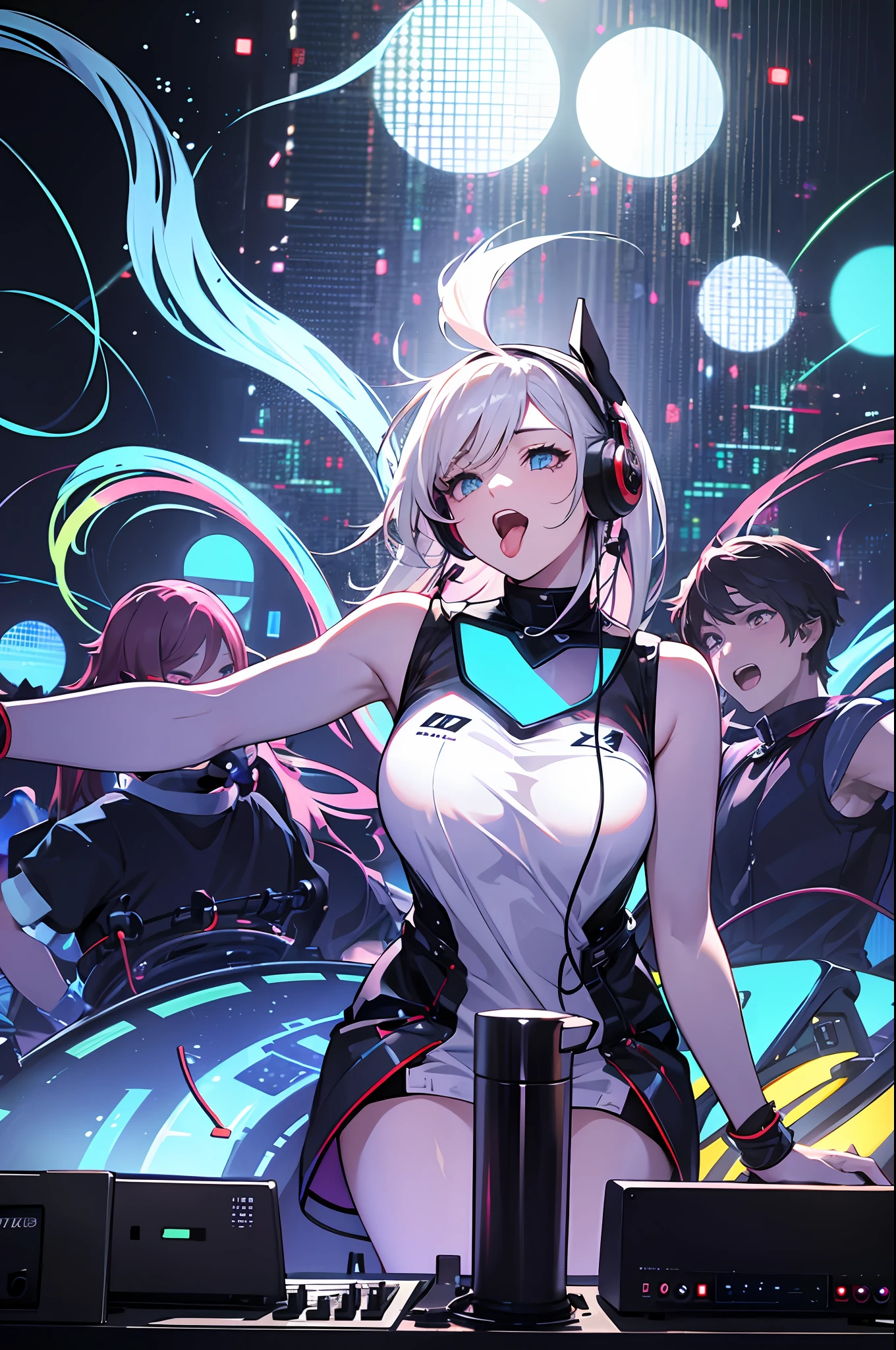 Girl standing on DJ platform,There is mixing equipment in front of you.
She wears headphones,Look at the crowd.
The crowd is dancing,Enjoy the music around you.
There are colorful, pulsating lights illuminating the dance floor and the audience.
The image has 4K resolution, which means that the quality is extremely high and detailed. ,With your mouth open --auto --s2