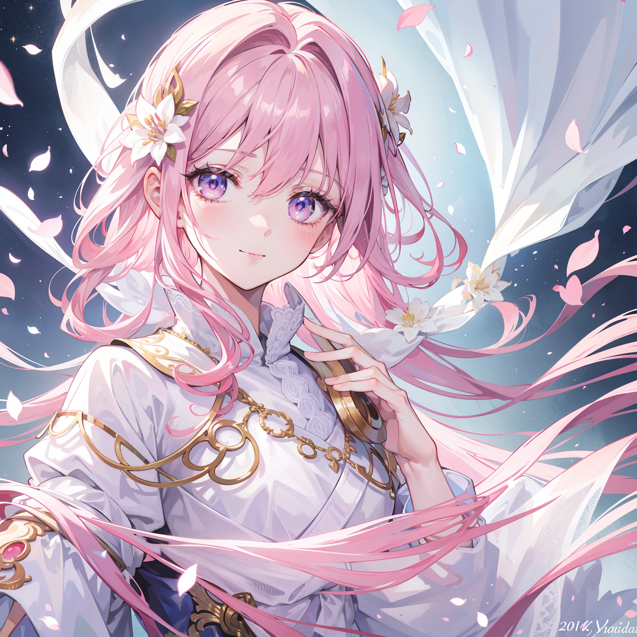 1 man,The hair is light pink,White silk tulle robe,There are flower marks on the forehead,Golden brilliance,Silver eyes,European style,Face portrait,ssmile,Holding flowers in his hand,Face portrait