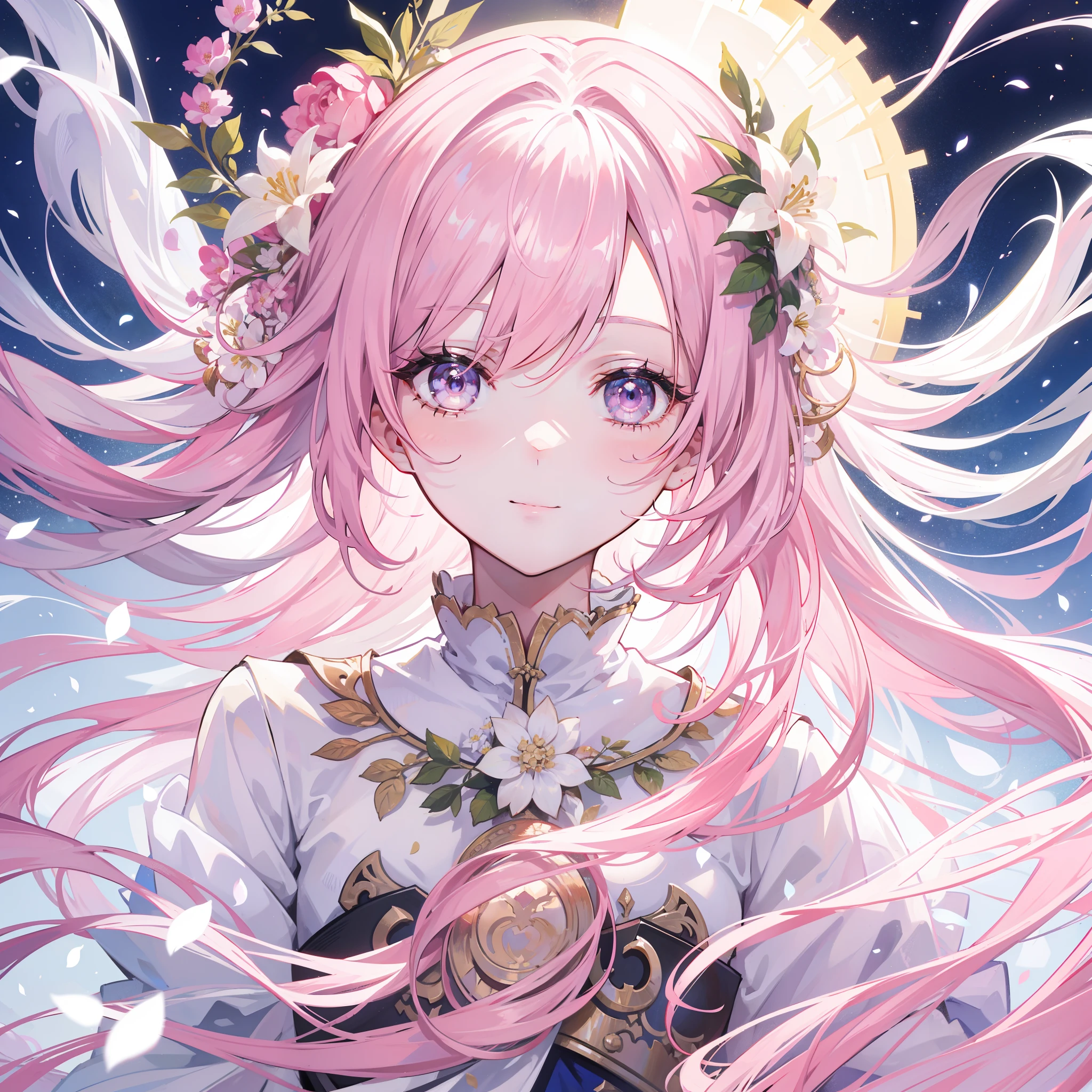 1 man,The hair is light pink,White silk tulle robe,There are flower marks on the forehead,Golden brilliance,Silver eyes,European style,Face portrait,ssmile,Holding flowers in his hand,Face portrait