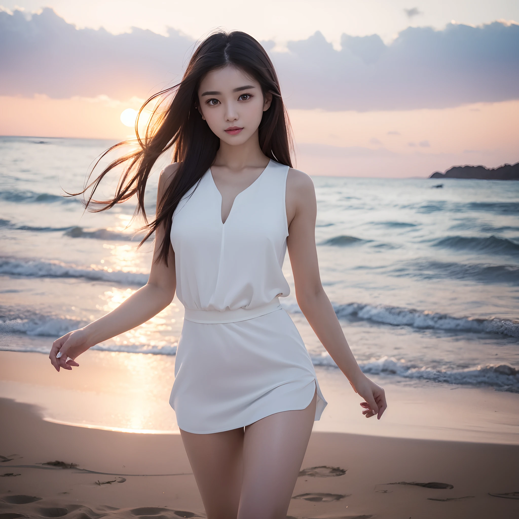 One lady、((best qualtiy、8k masterpieces:1.3))、foco nítido:1.2、(ultra beautiful faces:1.0)、(shinny skin:1.0)、photos realistic、A dark-haired、Video Lighting、High-definition eyes and face、Video Lighting、(Korean Cute Actress)、from the front side、medium breasts、ssmile、Sleeveless、Slender Abs Beauty、Whole body、Wearing a white blouse、On the beach at night