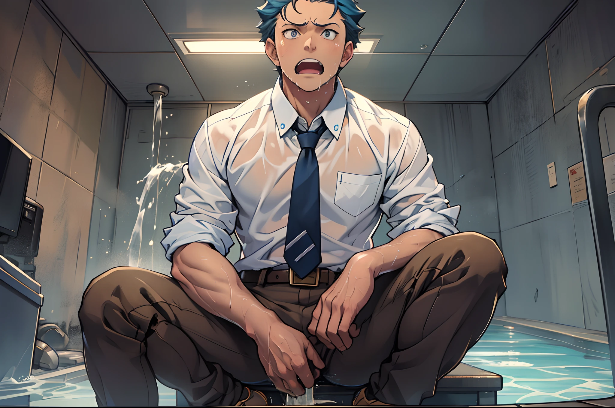 （1 Adult male），A high resolution， Sharp focus， Pixiv masterpiece， （（Complicated details））， highly  detailed， natsuki_subaru， 1 man，perfect male figure，Urine on the trouser leg， Nervously bow your head，is shy，embarressed，exhilarated，is shocked，panicking，worry，A pool of urine formed around him，Very eager to pee，Unbearable，Wet yourself，Urine discharge，full bodyesbian，sit astride，Tired，decadent， blue color eyes（eyes glowing）， Short yellow hair，white  shirt，Wear a tie，Wear a belt，trousers，perspire，Drenched，Get wet，pissing，urine flows down the pants，look from down