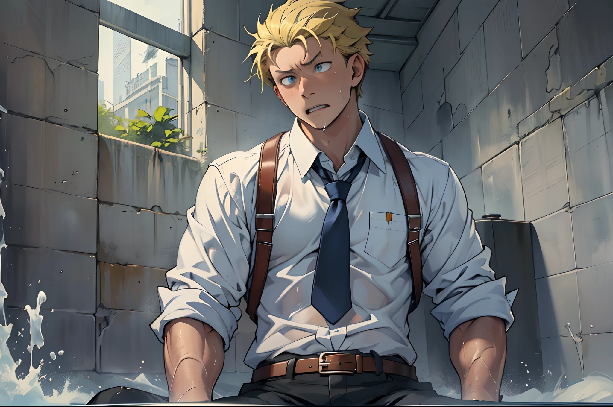 (1 Adult male),A high resolution, Sharp focus, Pixiv masterpiece, ((Complicated details)), highly detailed, natsuki_subaru, 1 man,perfect male figure,Urine on the trouser leg, Nervously bow your head,is shy,embarressed,exhilarated,is shocked,panicking,worry,A pool of urine formed around him,Very eager to pee,Unbearable,Wet yourself,Urine discharge,full bodyesbian,sit astride,Tired,decadent, blue color eyes(eyes glowing), Short yellow hair,white shirt,Wear a tie,Wear a belt,trousers,perspire,Drenched,Get wet,pissing,urine flows down the pants,look from down