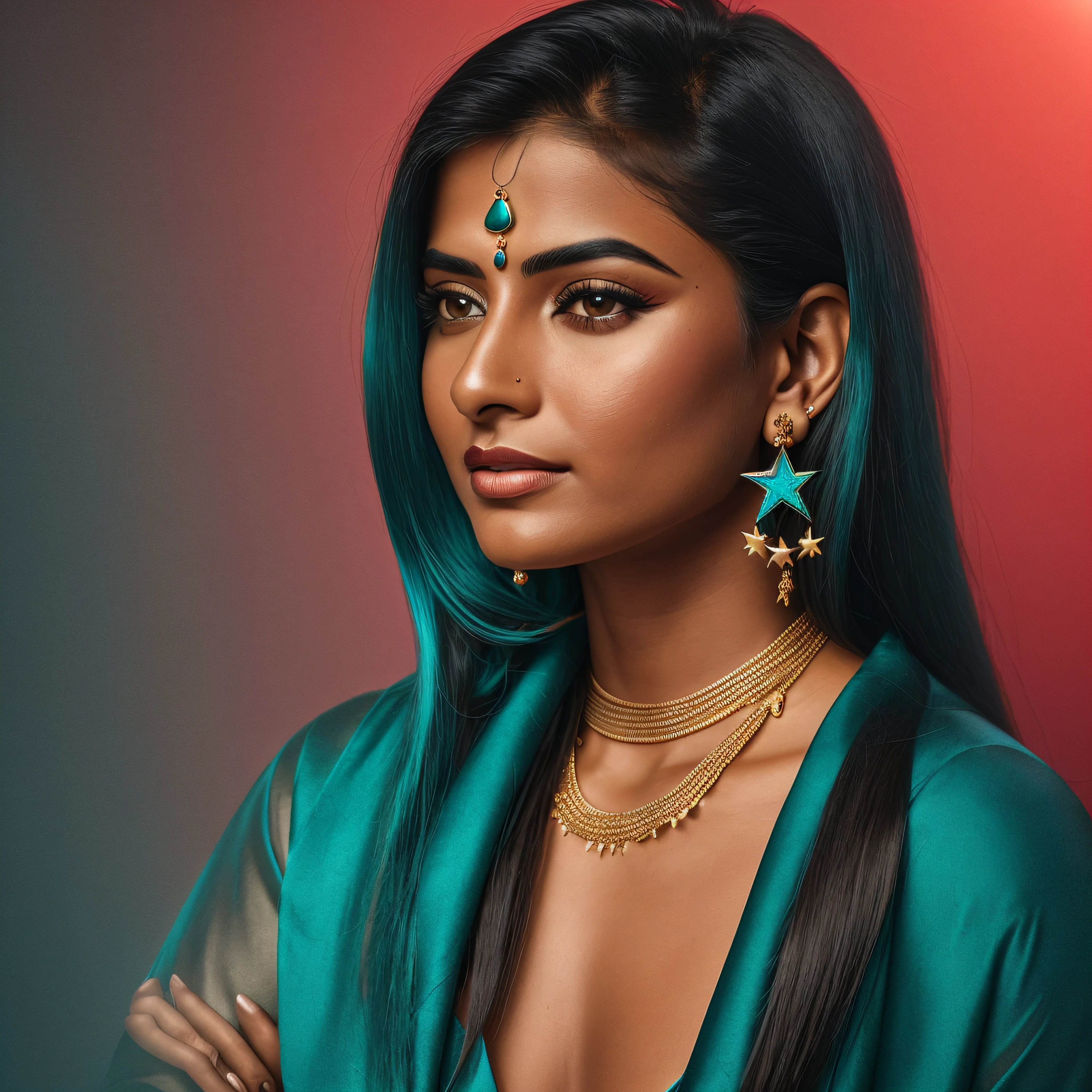 portrait of a award winning photo of indian princess posing in a dark studio, (rim lighting,:1.4) two tone lighting, sharp focus, teal hue, octane, unreal, dimly lit, low key, very long hair, with star earring --auto