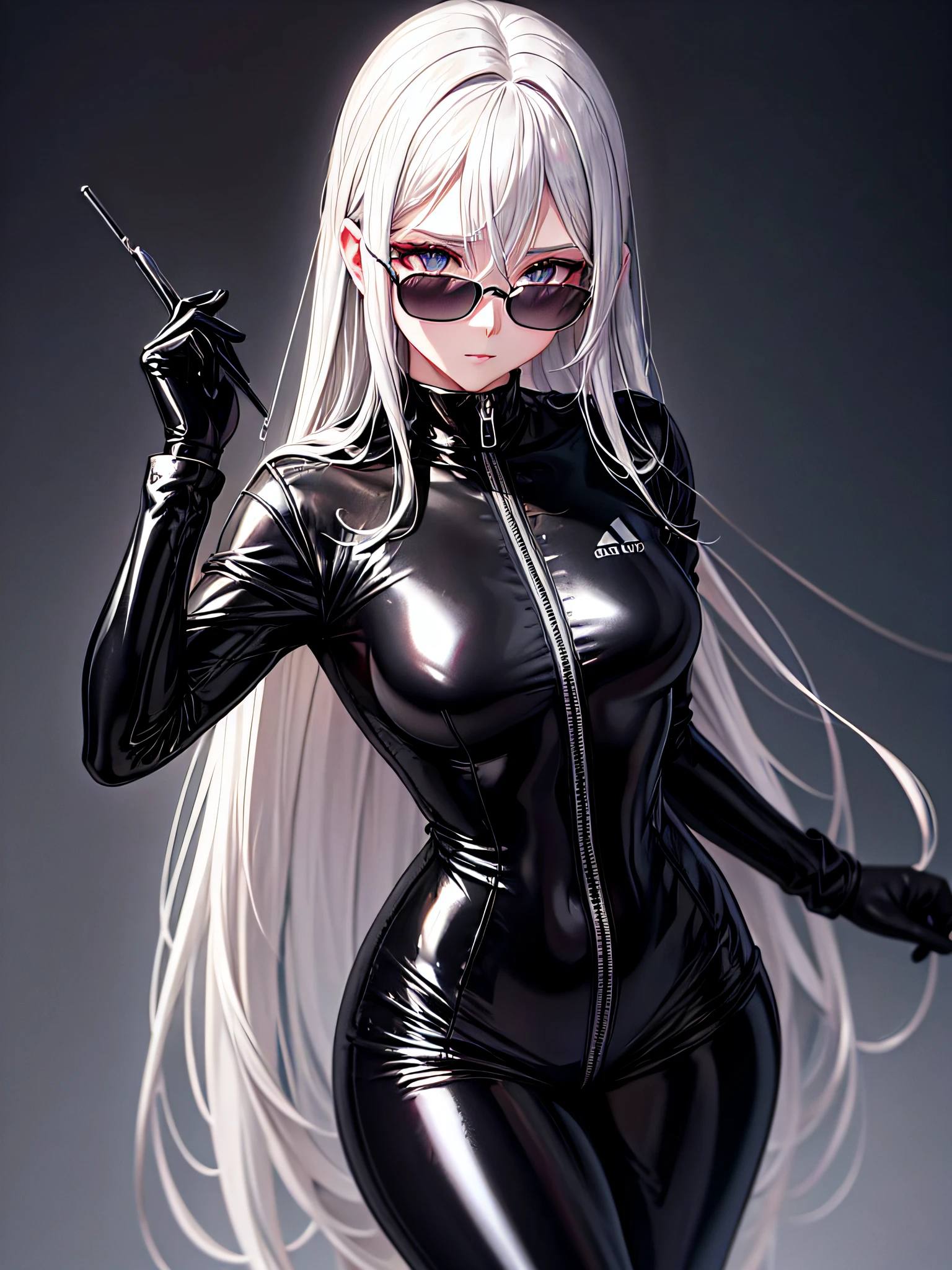 (best quality,8K UHD,high-res),beautiful silver hair,glasses,shiny black latex catsuit,(piel oculta) hidden skin, black metallic buttocks,abstract background,dramatic lighting, portraits, vibrant colors.