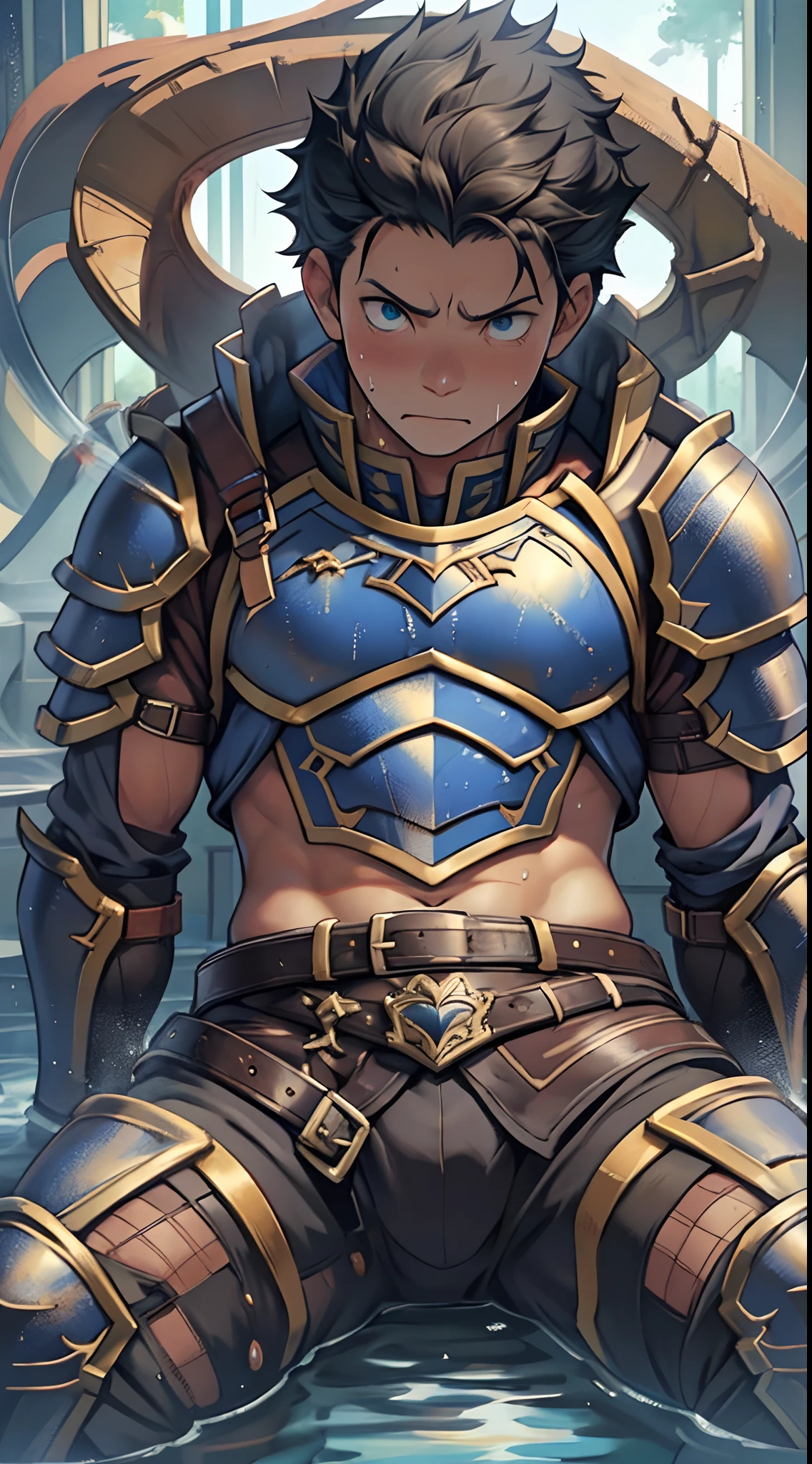 (1 Adult male),A high resolution, Sharp focus, Pixiv masterpiece, ((Complicated details)), highly detailed, natsuki_subaru, 1 man,Wearing armor,perfect male figure,Urine on the trouser leg, Nervously bow your head,is shy,embarressed,exhilarated,is shocked,panicking,worry,A pool of urine formed around him,Very eager to pee,Unbearable,Wet yourself,Urine discharge,full bodyesbian,sit astride,Tired,decadent, blue color eyes(eyes glowing), Black hair short hair,Tight combat uniform,armour,Wear a belt,Shoulder armor,perspire,Drenched,Get wet,pissing,urine flows down the pants,look from down