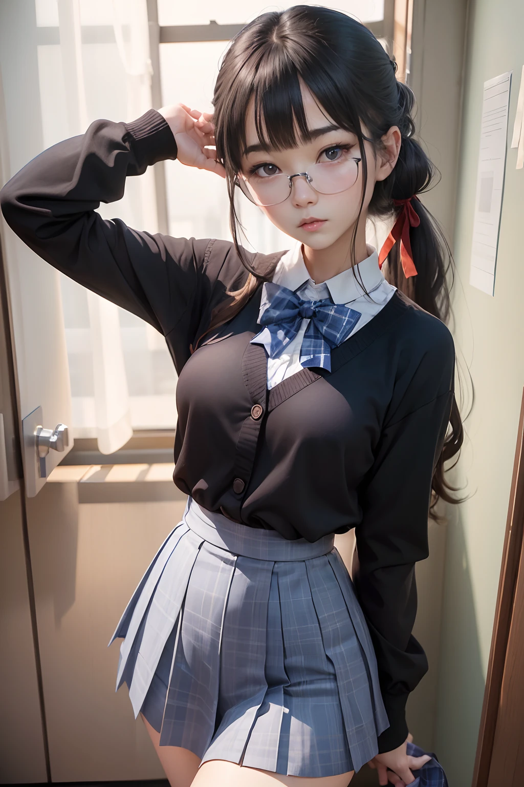 (Long ponytail),(Open the crotch fully open,Open the legs in an M-shape),(teats see through),（8K、Raw photography、top-quality、​masterpiece：1.2),Blue Panties,pigeon chest,glamor,Chromo-white skin,cocky,School,watching at viewers,Looking at the front,Muchimuchi,High-pitched clothing,Erotic,Pupils,de pele branca,kne,absurderes,a small face,,Forehead visible,Bangs hanging from the left and right sides of the forehead,(a cold expression,Tight eyes,glares,Bullish,irate)、​masterpiece,top-quality、超A high resolution,Raw photo,ren,Beautiful fece,One Person, 独奏,eye glass,,Dark look,Small breasts,fullllbody,Round glasses,JK school uniform,hi-school girl,A Japanese Lady,（Photorealsitic：1.37）、Photon mapping,Realistic、Beautie,Cute little face,Brown-eyed、Black socks、(Red bow tie)、Radio City、Physically Based Rendering、depth of fields、Blurry background、a picture,Body,beauty legs, Long legs, Thin leg,(Bangs are visible), hair, s lips, Blue_The eye, nosesoft,(Light blue shirt), (Navy and blue and white plaid pleated skirt), Knees are visible,Sheer clothing,, Thigh, Black cotton socks,Nogizaka Idol, 女優, Japanese ido