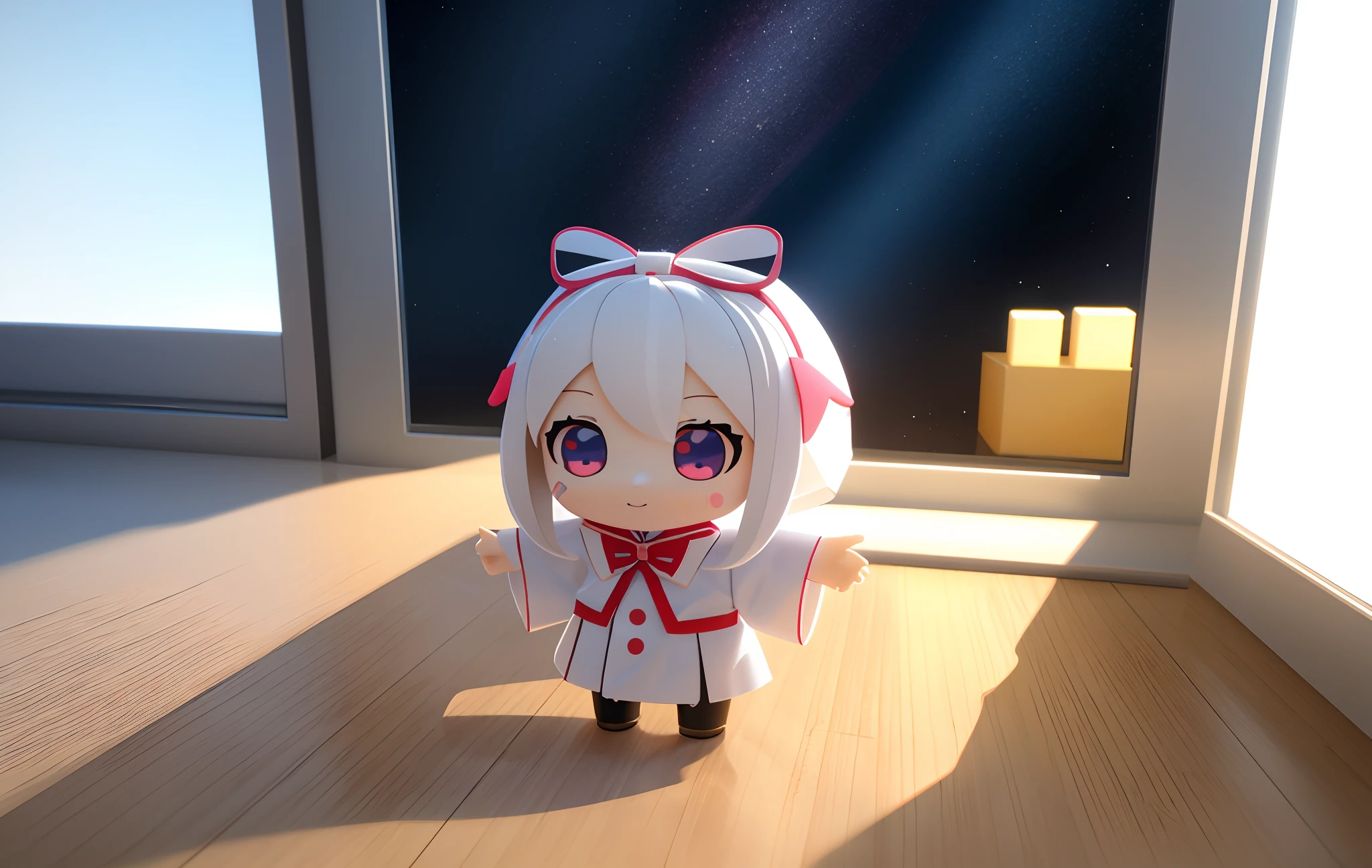 PopMart Blind Box IP, a close-up of a cute, white robe doll, young wanangel style, wearing long and fluent clothes, wlop style, pocelain doll, little people; Unreal Engine 5, Lite 3D/C4D production: 8K HD quality/lighting/ultra-detailed lens depiction 1.5, flawless, chibi background/cinematic.