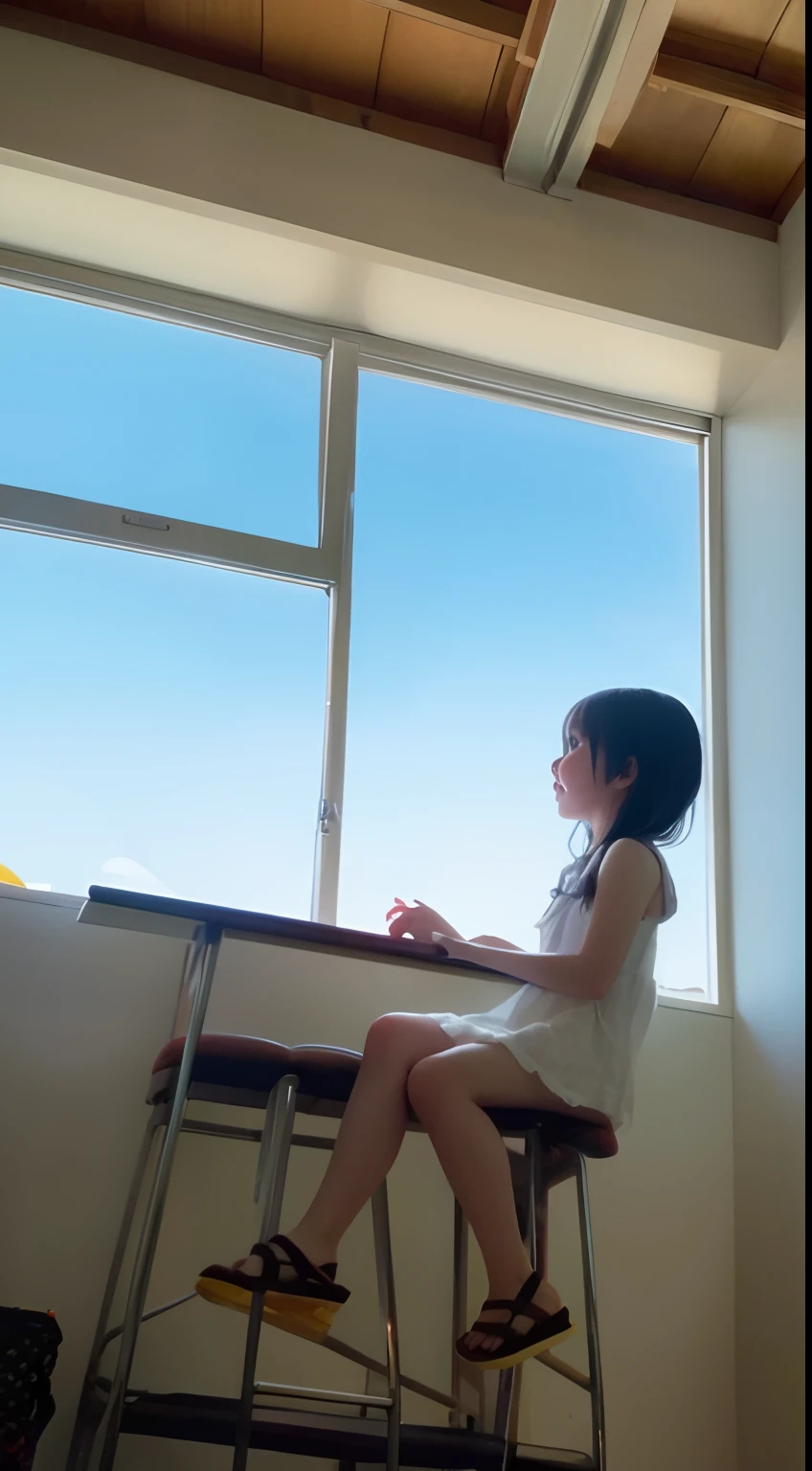 on top,Looking down,from below,White light panties,Flat sandals,sitting on the classroom desk,Crotch view,Mocking expressions,Smiling,White light bandeau,Large angle upward view,Sky background or ceiling background