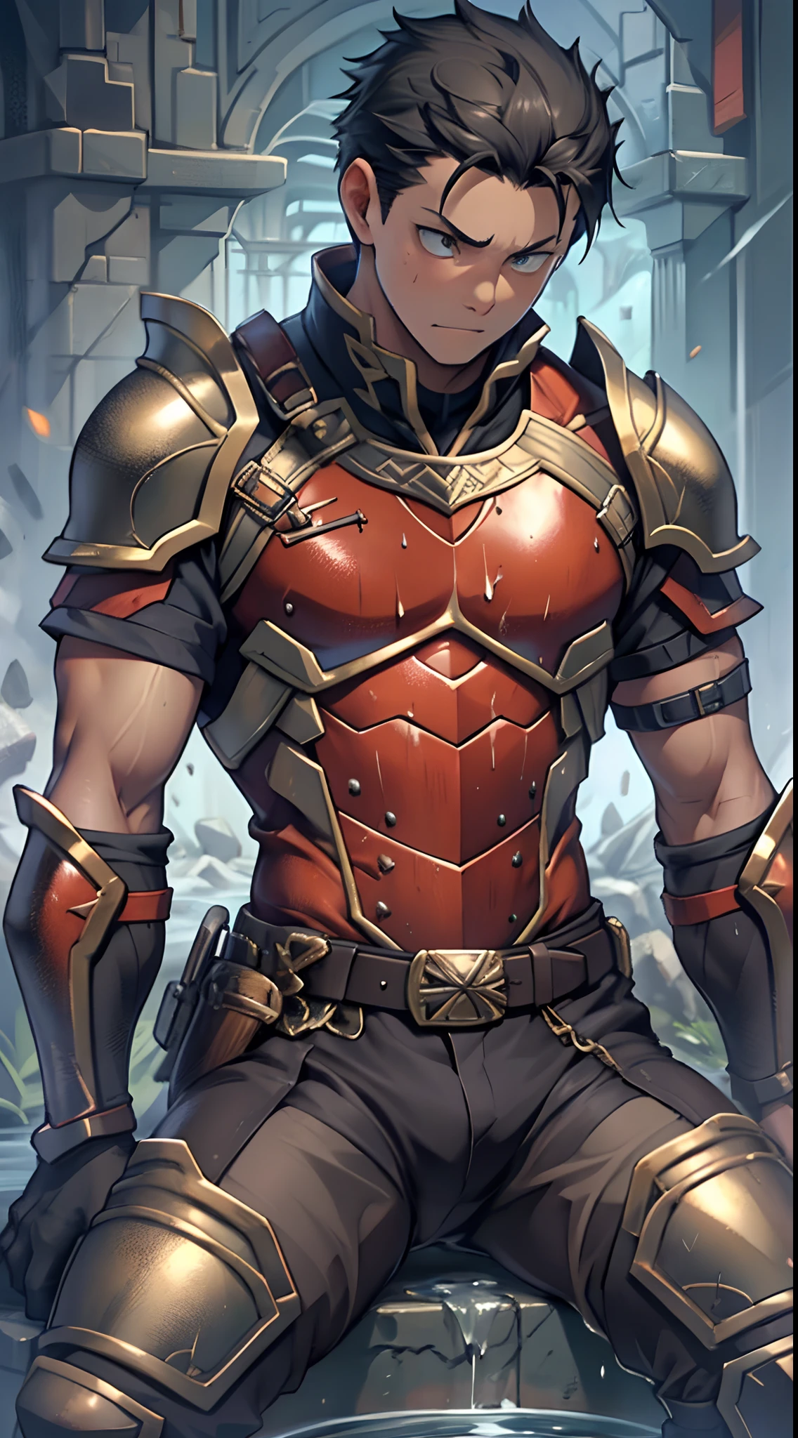 (1 Adult male),A high resolution, Sharp focus, Pixiv masterpiece, ((Complicated details)), highly detailed, natsuki_subaru, 1 man,Wearing armor,perfect male figure,Urine on the trouser leg, Nervously bow your head,is shy,embarressed,exhilarated,is shocked,panicking,worry,A pool of urine formed around him,Very eager to pee,Unbearable,Wet yourself,Urine discharge,full bodyesbian,sit astride,Tired,decadent, Black eyes(eyes glowing), Short gray hair,Black armor,Tie a belt,Cloaked,Cloak,Shoulder armor,perspire,Drenched,Get wet,pissing,urine flows down the pants,look from down