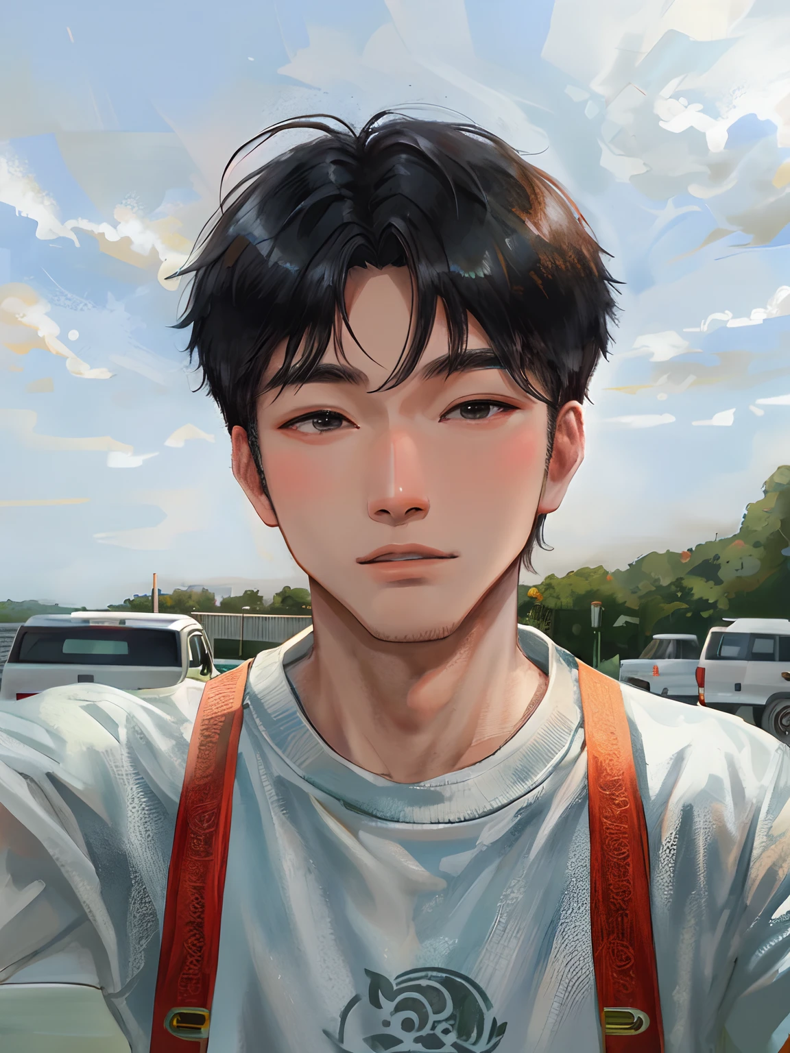 there is a man that is standing in front of a truck, 8k selfie photograph, 2 7 years , asian male, xeno detailed, hightly detailed background, hightly detailed face, hight quality
