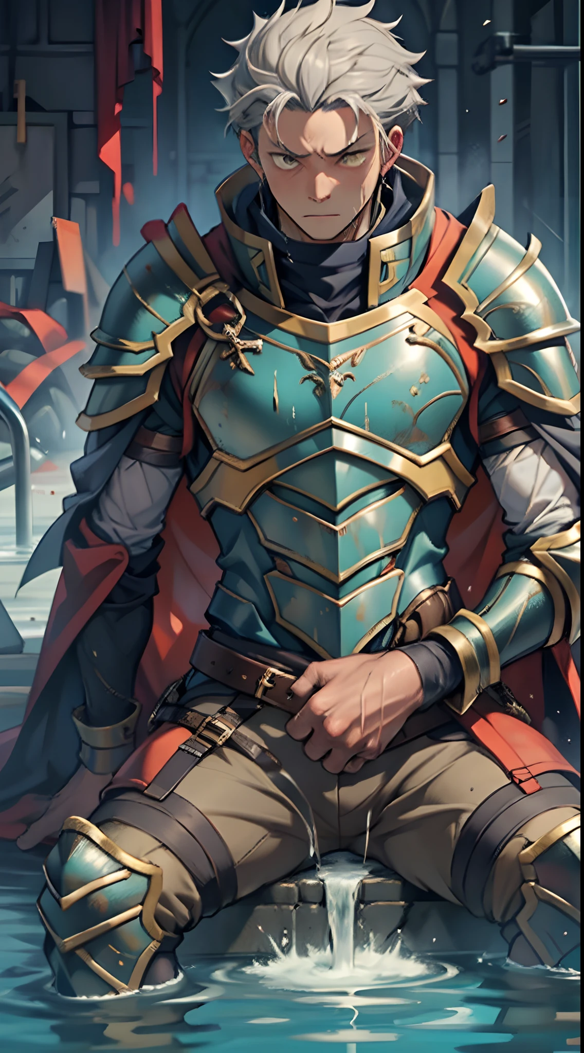 (1 Adult male),A high resolution, Sharp focus, Pixiv masterpiece, ((Complicated details)), highly detailed, natsuki_subaru, 1 man,perfect male figure,Urine on the trouser leg, Nervously bow your head,is shy,embarressed,exhilarated,is shocked,panicking,worry,A pool of urine formed around him,Very eager to pee,Unbearable,Wet yourself,Urine discharge,full bodyesbian,Kneel,Tired,decadent, Yellow eyes(eyes glowing), Short yellow hair,Yellow combat uniform,cloaks,armour,Shoulder armor,trousers,perspire,Drenched,Get wet,pissing,urine flows down the pants,look from down