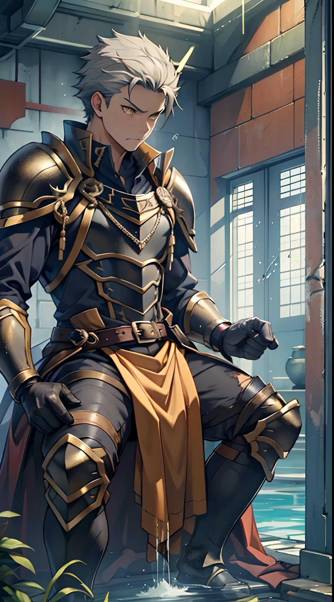 (1 Adult male),A high resolution, Sharp focus, Pixiv masterpiece, ((Complicated details)), highly detailed, natsuki_subaru, 1 man,Wear tight combat uniforms,Wear armor,perfect male figure,Urine on the trouser leg, Nervously bow your head,is shy,embarressed,exhilarated,is shocked,panicking,worry,A pool of urine formed around him,Very eager to pee,Unbearable,Wet yourself,Urine discharge,full bodyesbian,sit astride,Tired,decadent, Yellow eyes(eyes glowing), Short gray hair,Armour,Tie a belt,Cloaked,Cloak,Shoulder armor,perspire,Drenched,Get wet,pissing,urine flows down the pants,look from down