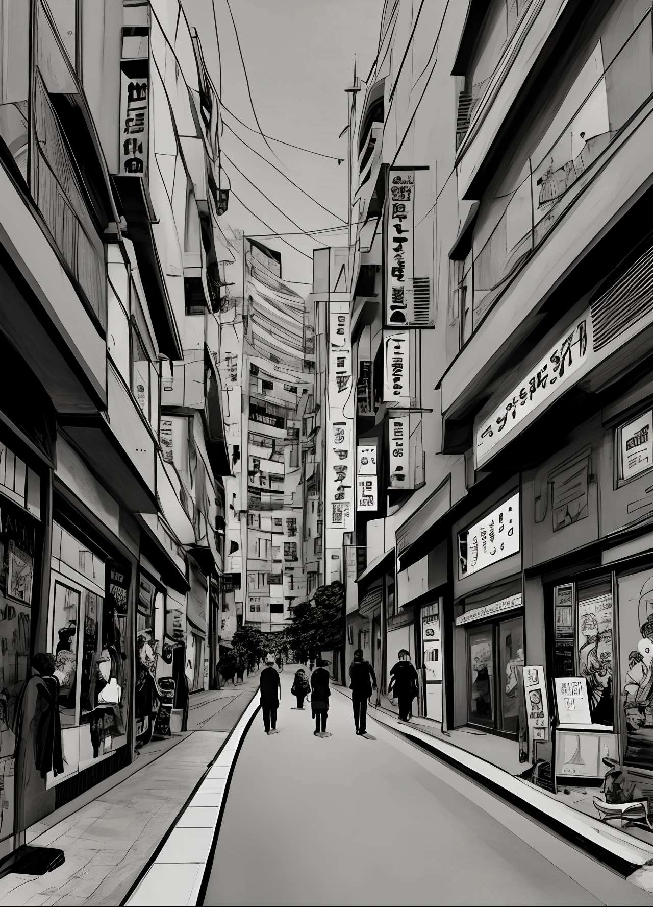 of the highest quality, best quality,超A high resolution, high resolution, (masutepiece), (Illustration style comics noir), (arte linear_anime),(preto e branco:1.0),(monotone_alto contraste),pessoas caminhando na cidade de Sendai, Will,(lora adicionar mais detalhes:0.6)