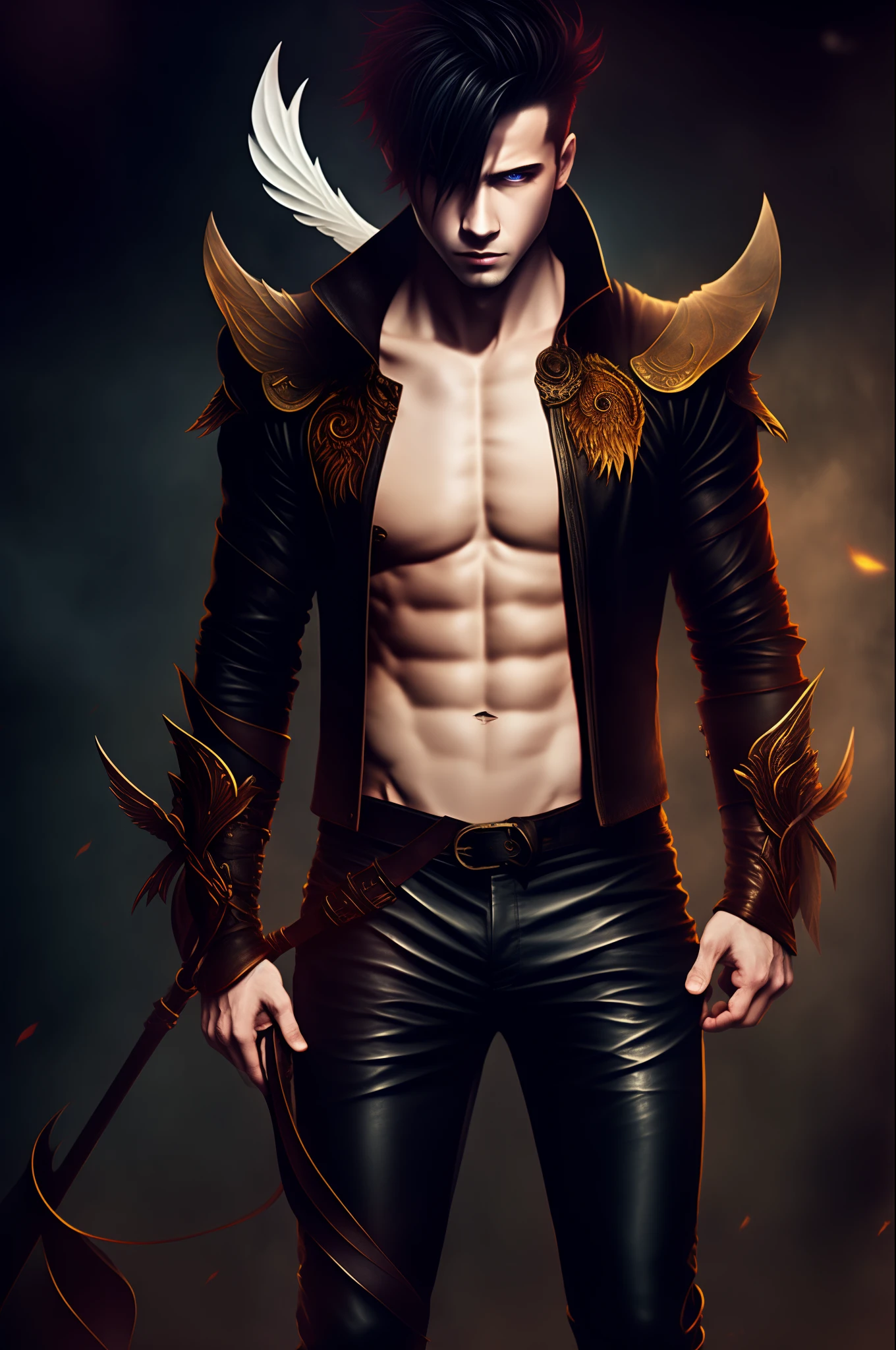 (male) human, pointed face, narrow eyes (slick_mid-length_black_hair), pointed nose, tall(lean), spectral wings, bare chest, leather pants, bare feet, long fingers, holding bow, pale skin