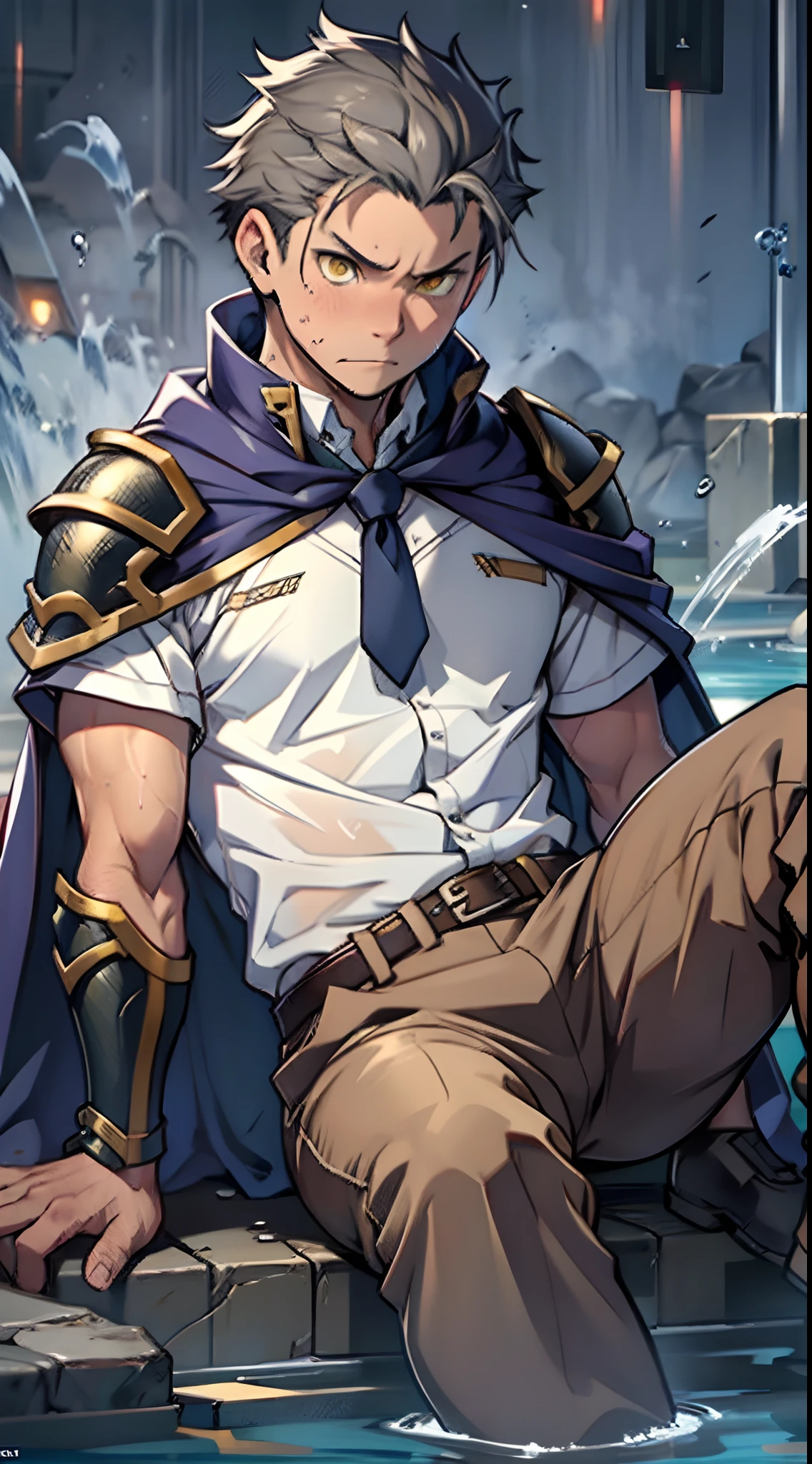 （1 Adult male），A high resolution， Sharp focus， Pixiv masterpiece， （（Complicated details））， highly  detailed， natsuki_subaru， 1 man，Wear combat uniforms，perfect male figure，Urine on the trouser leg， Nervously bow your head，is shy，embarressed，exhilarated，is shocked，panicking，worry，A pool of urine formed around him，Very eager to pee，Unbearable，Wet yourself，Urine discharge，full bodyesbian，sit astride，Tired，decadent， Yellow eyes（eyes glowing）， Short gray hair，White armor，Tie a belt，Cloaked，Cloak，Shoulder armor，perspire，Drenched，Get wet，pissing，urine flows down the pants，look from down