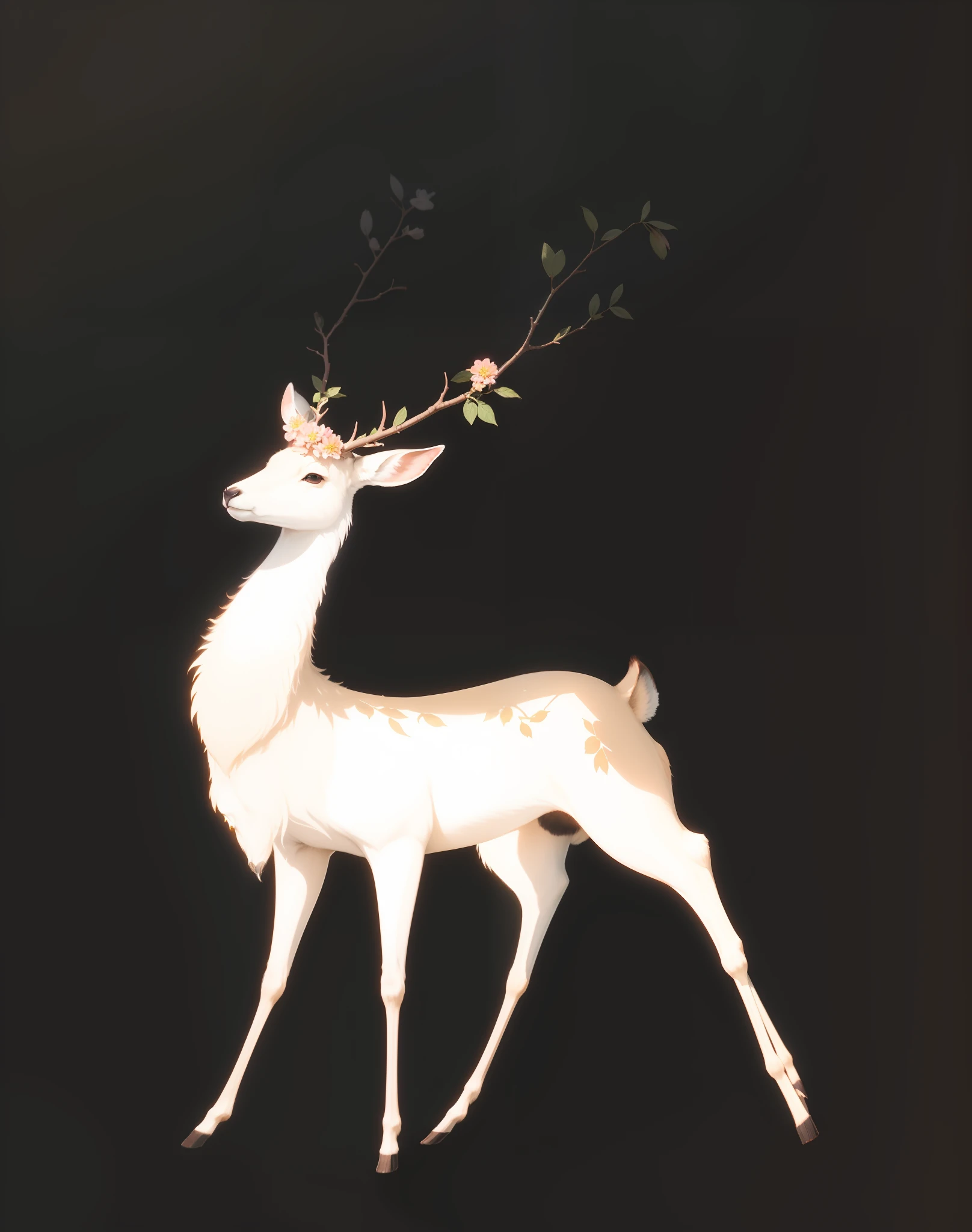 真实感，Beautiful，There are many flowers on the antlers，rays of sunshine，Warmth，Surrounded by spring，There are a lot of flowers on the branches，There are also flowers on the deer