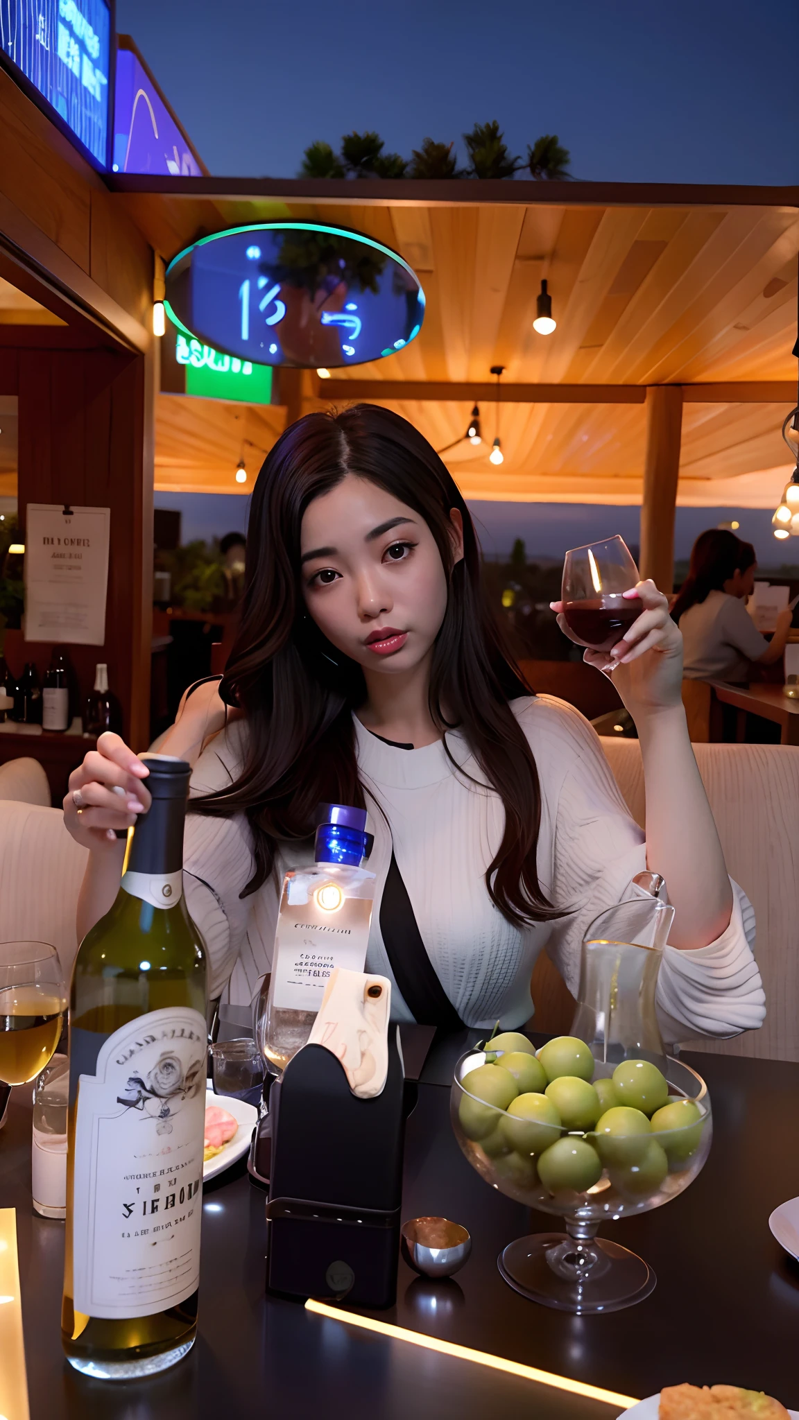 The woman sits at the table，Holding a bottle of wine and a bowl of olives, 1 8 I, Choi Hyun-hwa, wenfei ye, 30 year-old woman, 3 0 years old woman, At night, mai anh tran, Korean girl, 2 7 years old, personal profile picture, krystal, jaeyeon nam, 2 8 years old, xintong chen