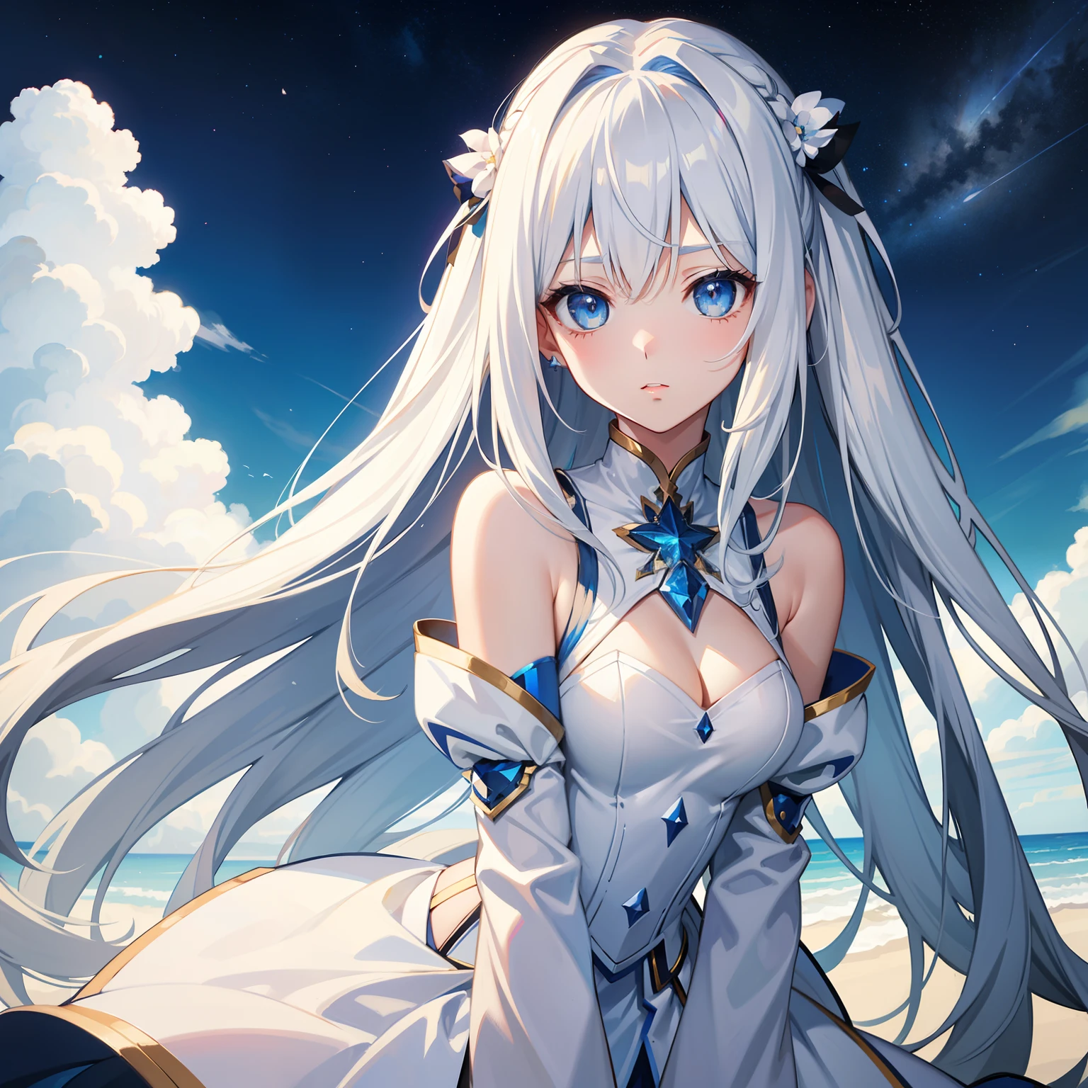 Extreme graphics，whaite hair，long whitr hair，teens girl，side looking，Blue eyes，Flushed cheeks，is shy，Under the blue sky，Artistic picture，Facing the distance，Affectionate look，Bust，starrysky，White dress，Poor milk，Chestless clothing，Face to the right，Raised sexy，Tsundere