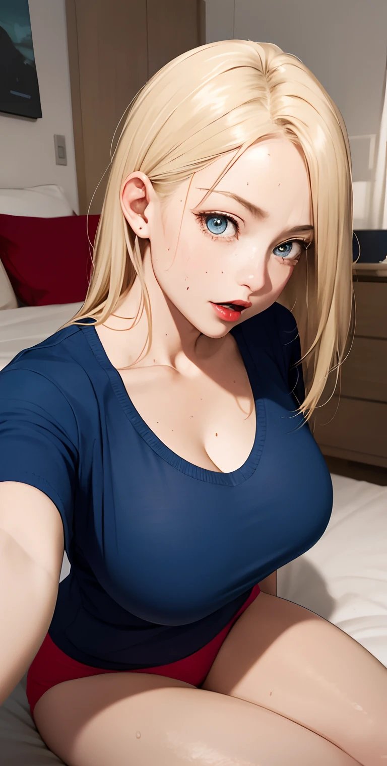 realisticlying、Two 45-year-old girls、T-shirt wearing,Face enhancement,Chest super large zoom,Cleavage emphasis,Looking up from the bottom,Hair blonde,Blue eyes、Blushing,Red lips,A sexy,Bed sit,Open your mouth wide to the maximum、Put your arms around the back of your head、Wearing underwear,Sweaty face