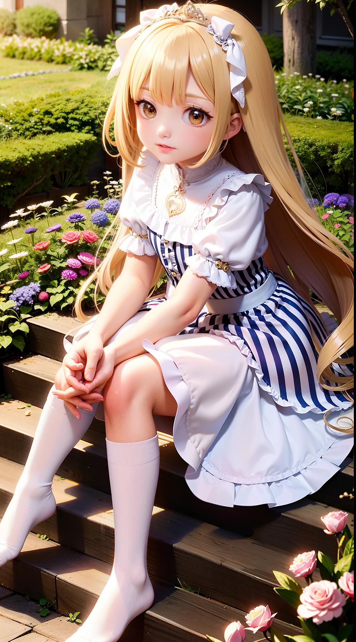 filigree，Works of masters，Loli，whaite hair，SideBraid，Golden eyes，white dresses，But look at you smartly，Bury your head in your arms，kisses，modern，Striped knee-length socks，Natural soft light，Dingdall effect