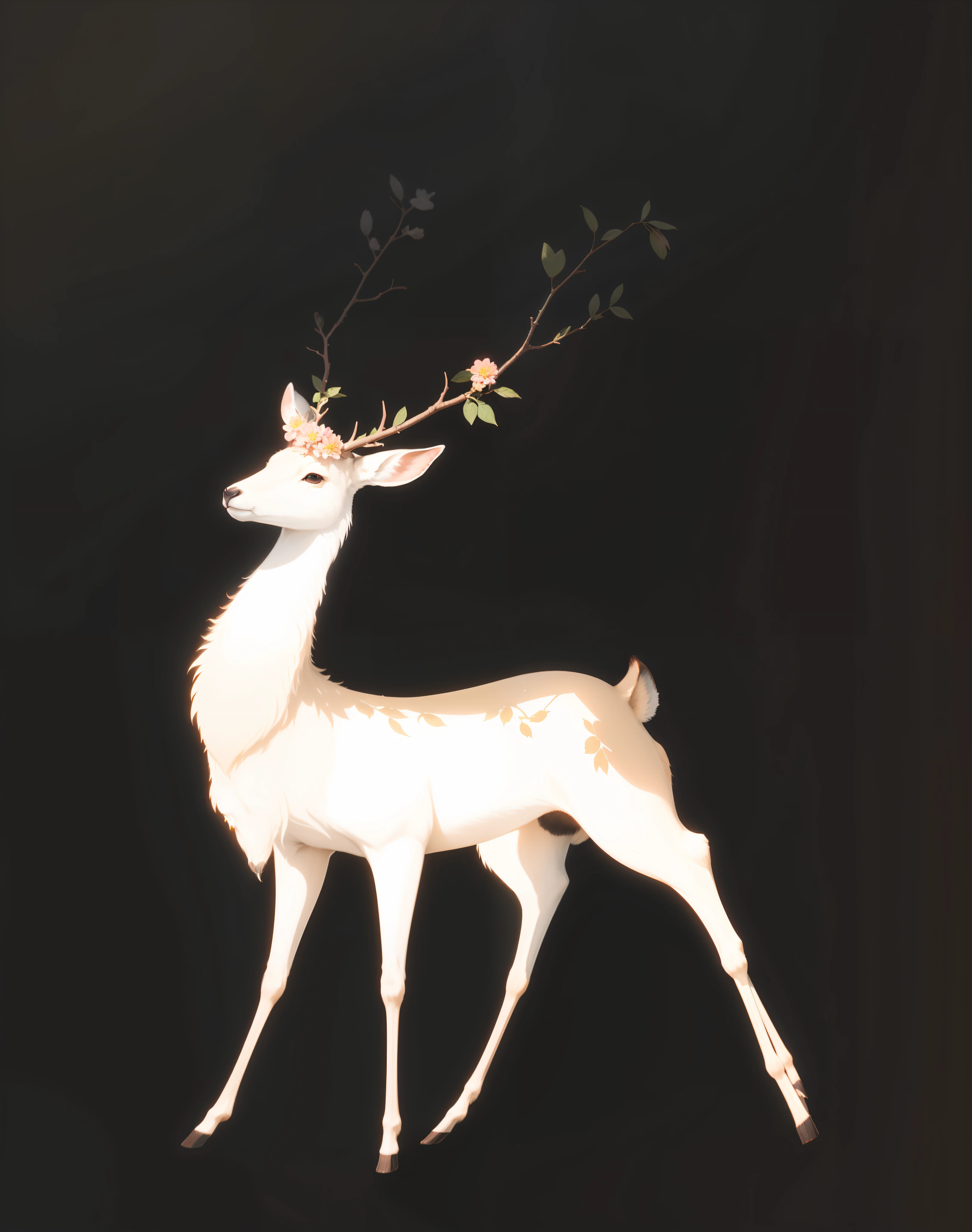 真实感，Beautiful，There are many flowers on the antlers，rays of sunshine，Warmth，Surrounded by spring，There are a lot of flowers on the branches，There are also flowers on the deer