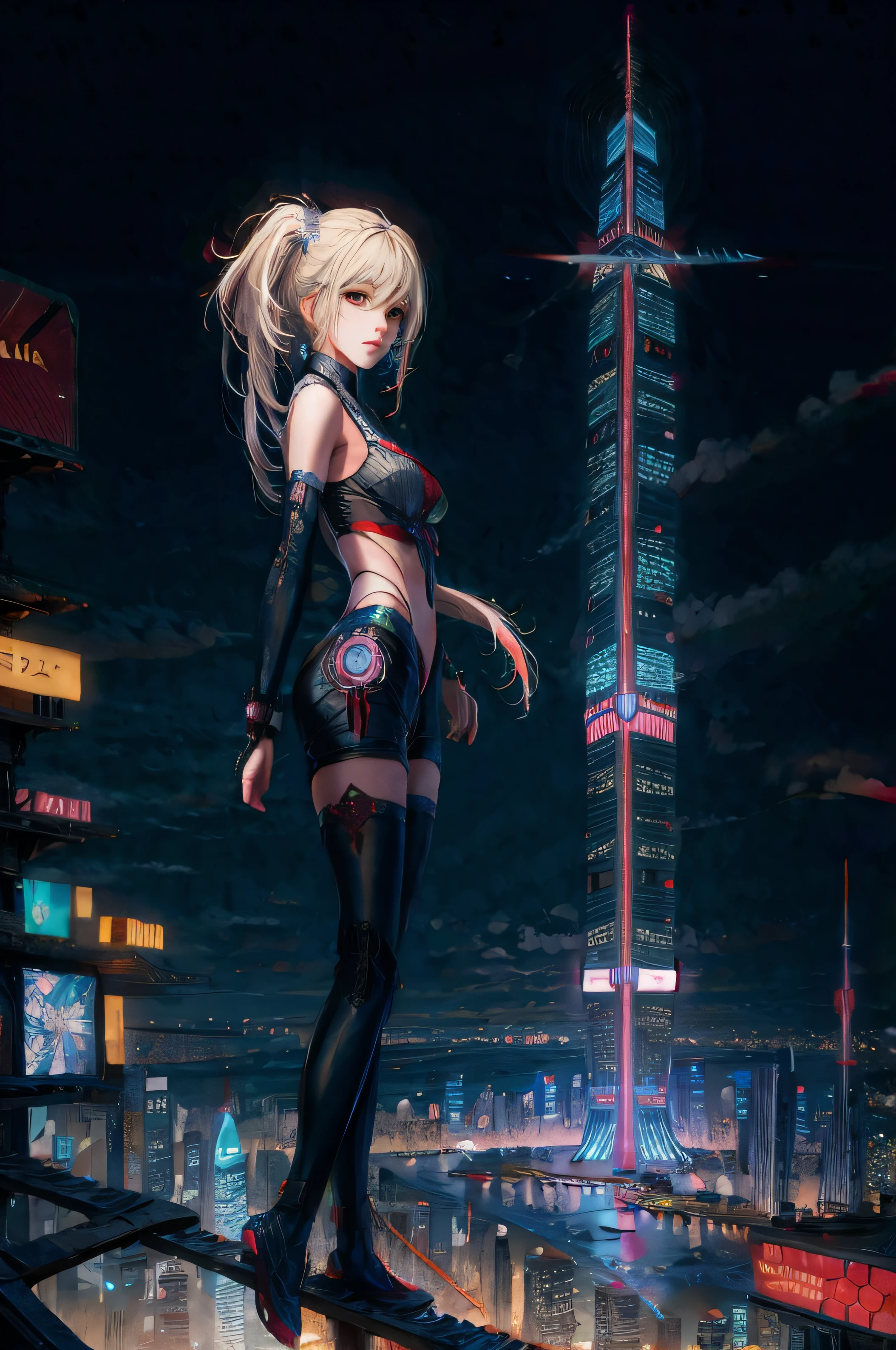 A woman standing on a ledge in a city at night - SeaArt AI