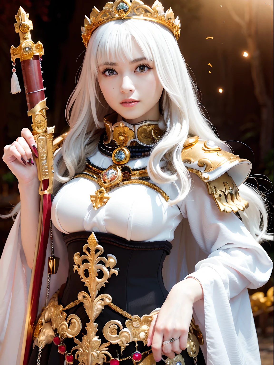 (masutepiece), Professional , masterpiece、top-quality、photos realistic , depth of fields (Gemstone Silver Metal Body:1.9),(Matte White、Jewel Gold Weapon(Jewel Metal Body:1.4),Gorgeous metal weapons , Detailed Sword of the Brave , Beautiful knife ,warhammer 40k , adepta sororitas,Detail and ornate jewel crown、Black hair、Gangle's forest background、Beautiful Caucasian beauty、1a person、dynamic ungle,(((Detailed and ornate diamond crown)))、Smaller head、A smile、Take a sexy pose、Background inside the castle、Thin and beautiful female hands、