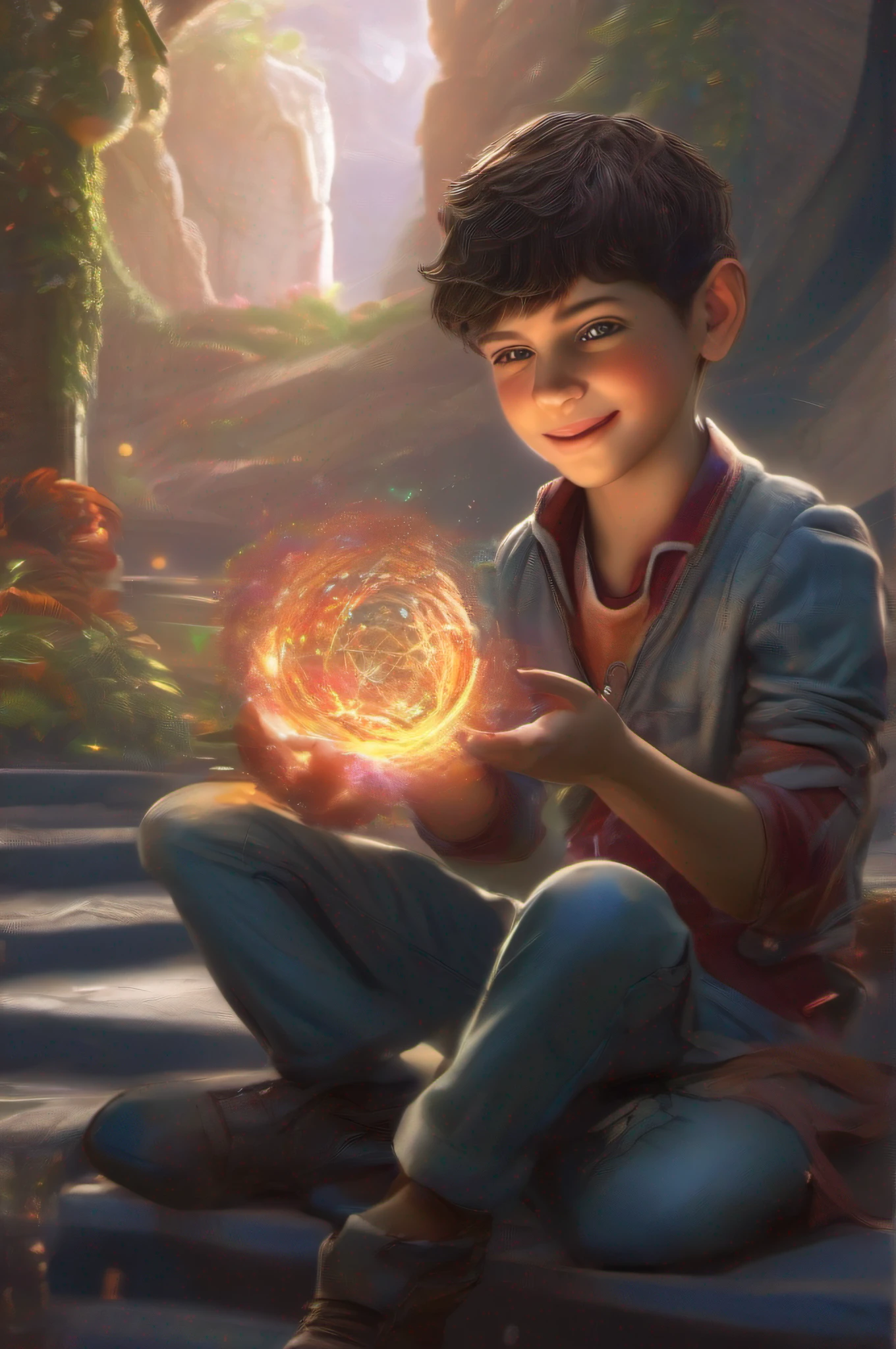 1 boy Concentrating multicolored fireball in hands, vortex, Particles, (sitting), fantasy environment, (((laughing))), intricate details, perfect features, dramatic, Cinematic lighting, accent lighting, SSAA, smooth rendering, No noise --testp --with 2:3 --video --no lazy prompts1 boy Concentrating multicolored fireball in hands, vortex, Particles, (sitting), fantasy environment, (((laughing))), intricate details, perfect features, dramatic, Cinematic lighting, accent lighting, SSAA, smooth rendering, No noise --testp --with 2:3 --video --no lazy prompts