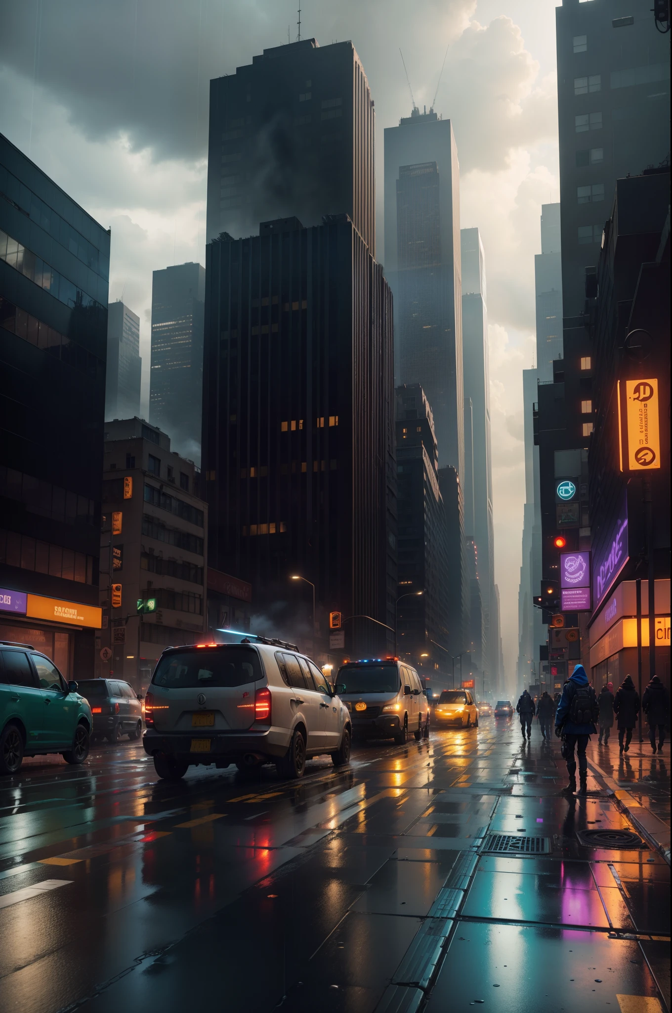 On the streets of New York Dystopian and in Reuinas, Steam and futuristic buildings destroyed, Under the rain, the light of signs and strainer vehicles is reflected., en tonos azules, violetas y verdes, en hiperrealismo, 8K.