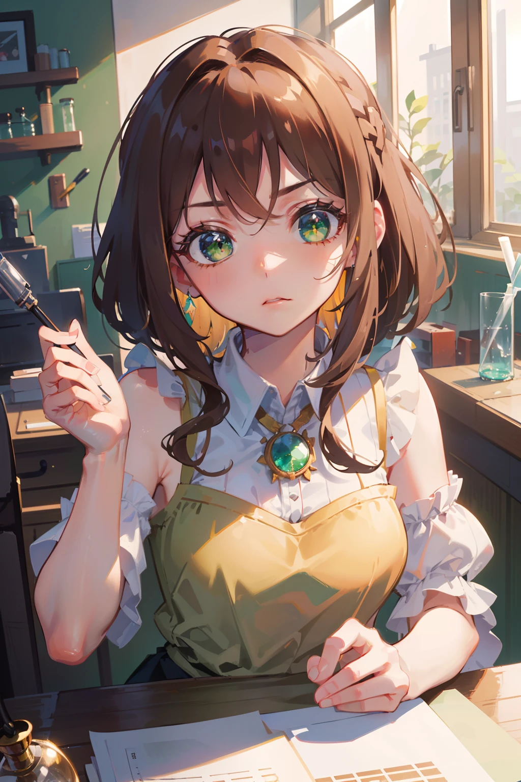 (masterpiece), (best quality), ultra high res, sharp focus, ((1 woman, solo)), warm pastel tone), upper body, ducth shot, beautiful detailed hair, chesnut brown hair, shoulder length hair, ((beautiful shape eyes, green eyes)), beautiful detailed face, perfect feminine face, serious face, look at the viewer, (scientist outfit:1.2), (in the laboratorium), sitting on desk